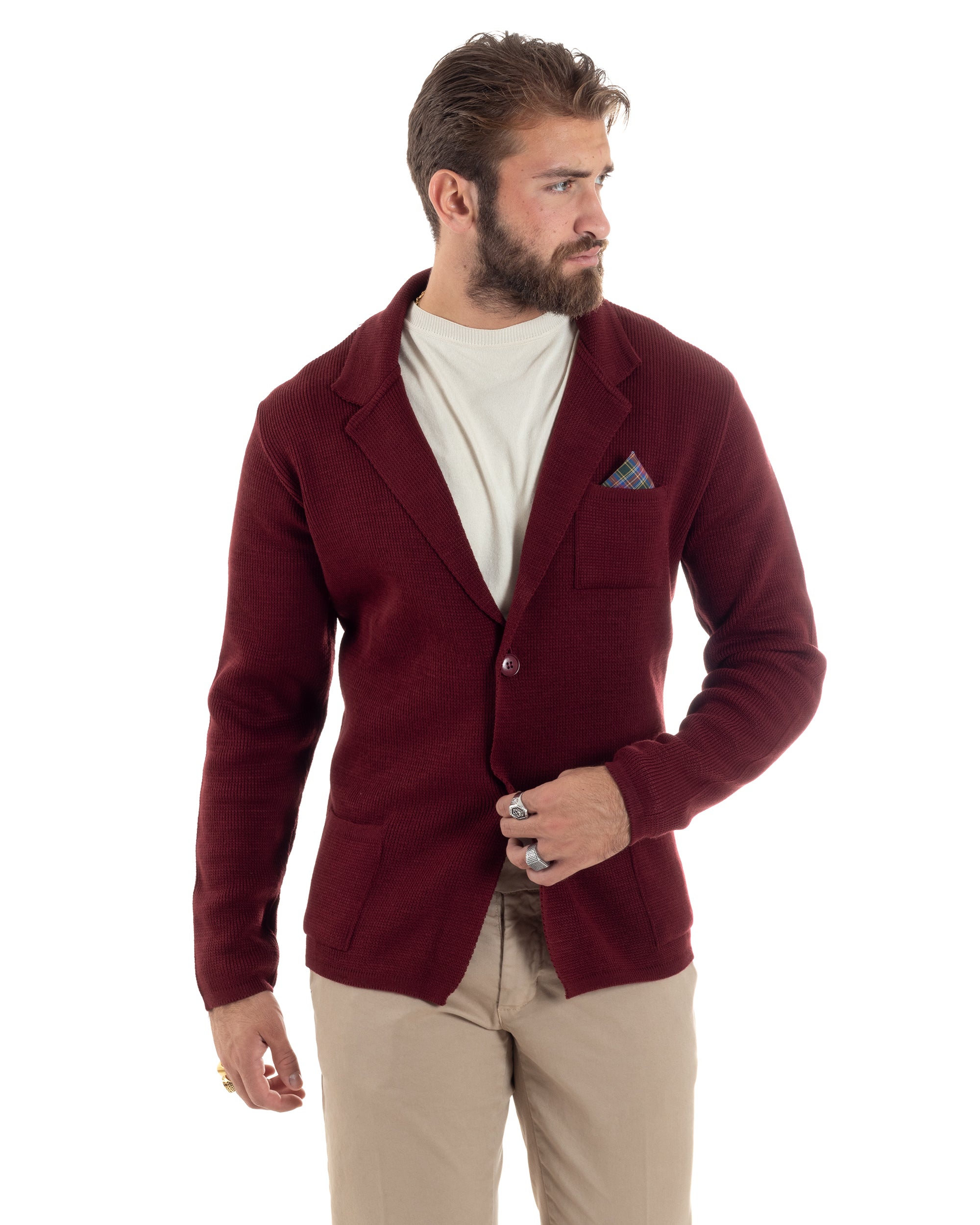Cardigan Uomo Giacca Con Bottoni Maglia Casual Bordeaux M2872A