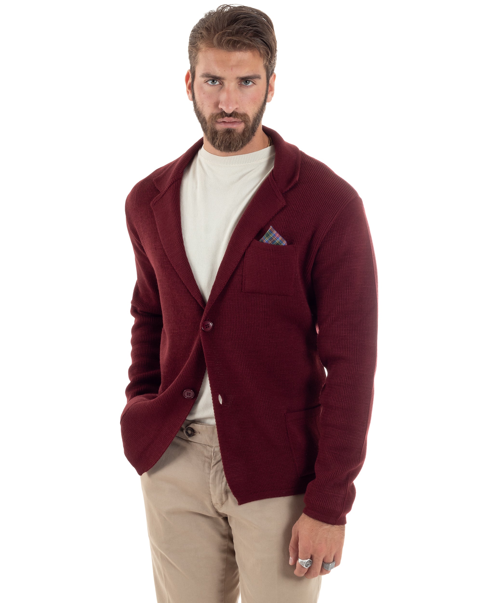 Cardigan Uomo Giacca Con Bottoni Maglia Casual Bordeaux M2872A