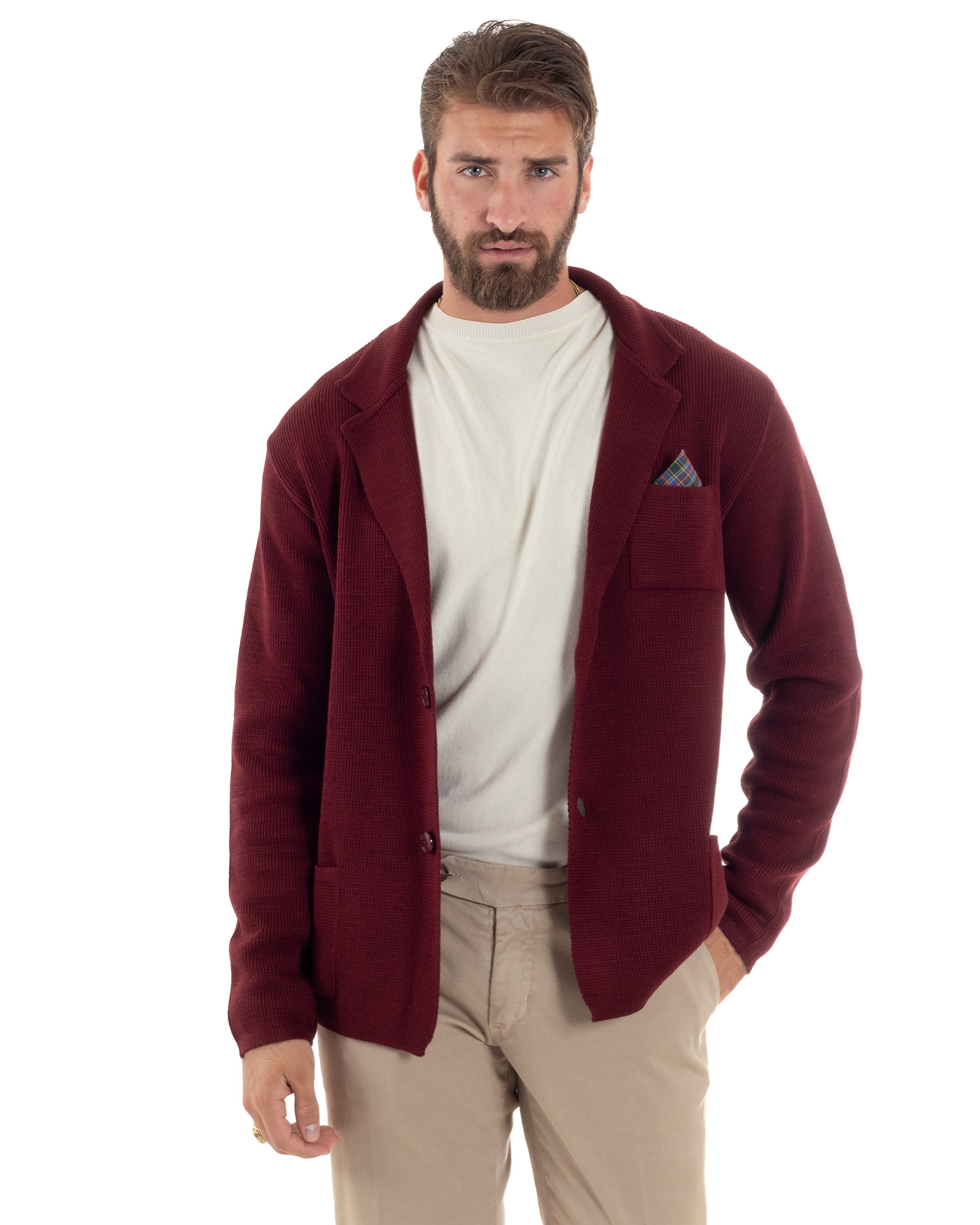 Cardigan Uomo Giacca Con Bottoni Maglia Casual Bordeaux M2872A