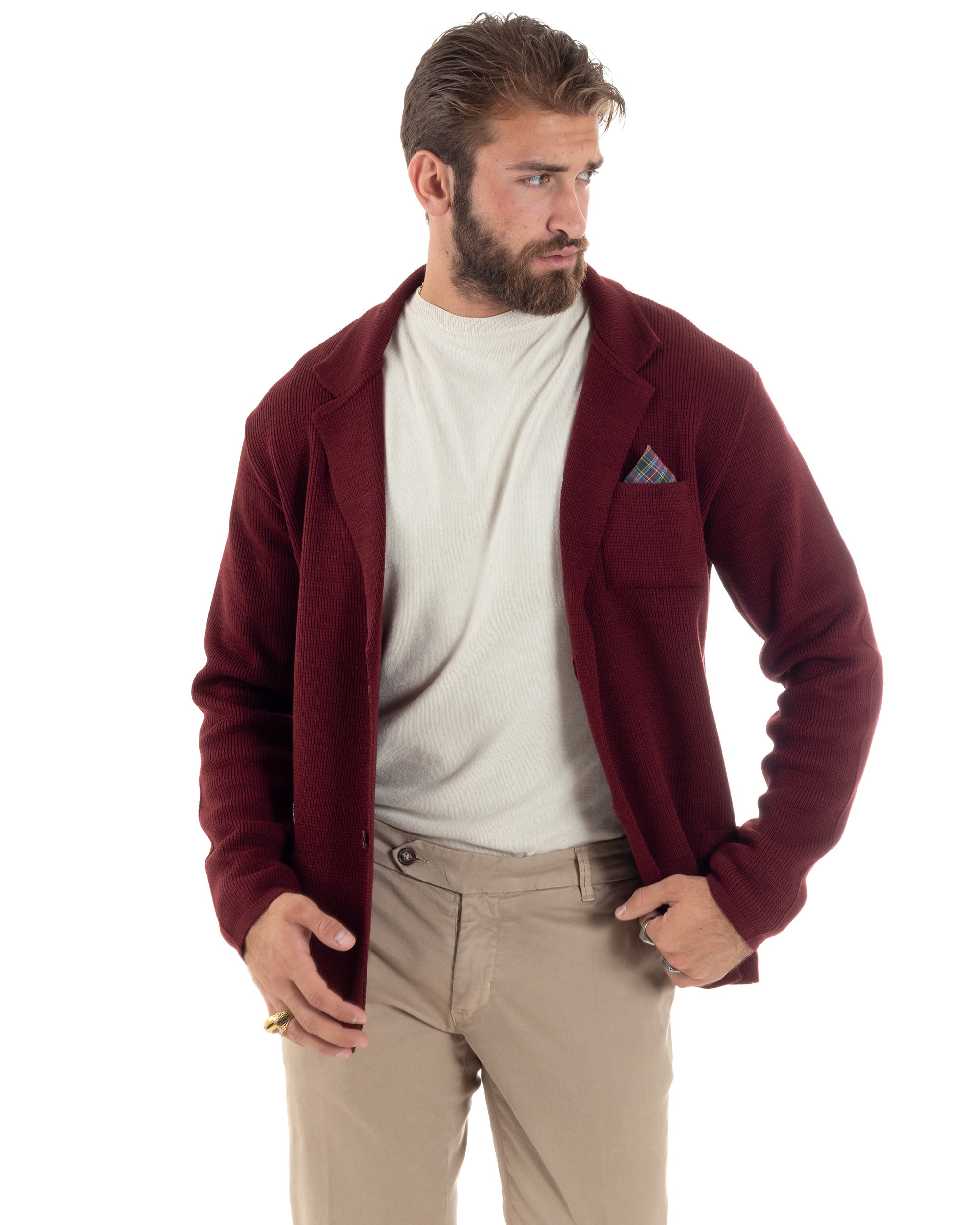 Cardigan Uomo Giacca Con Bottoni Maglia Casual Bordeaux M2872A