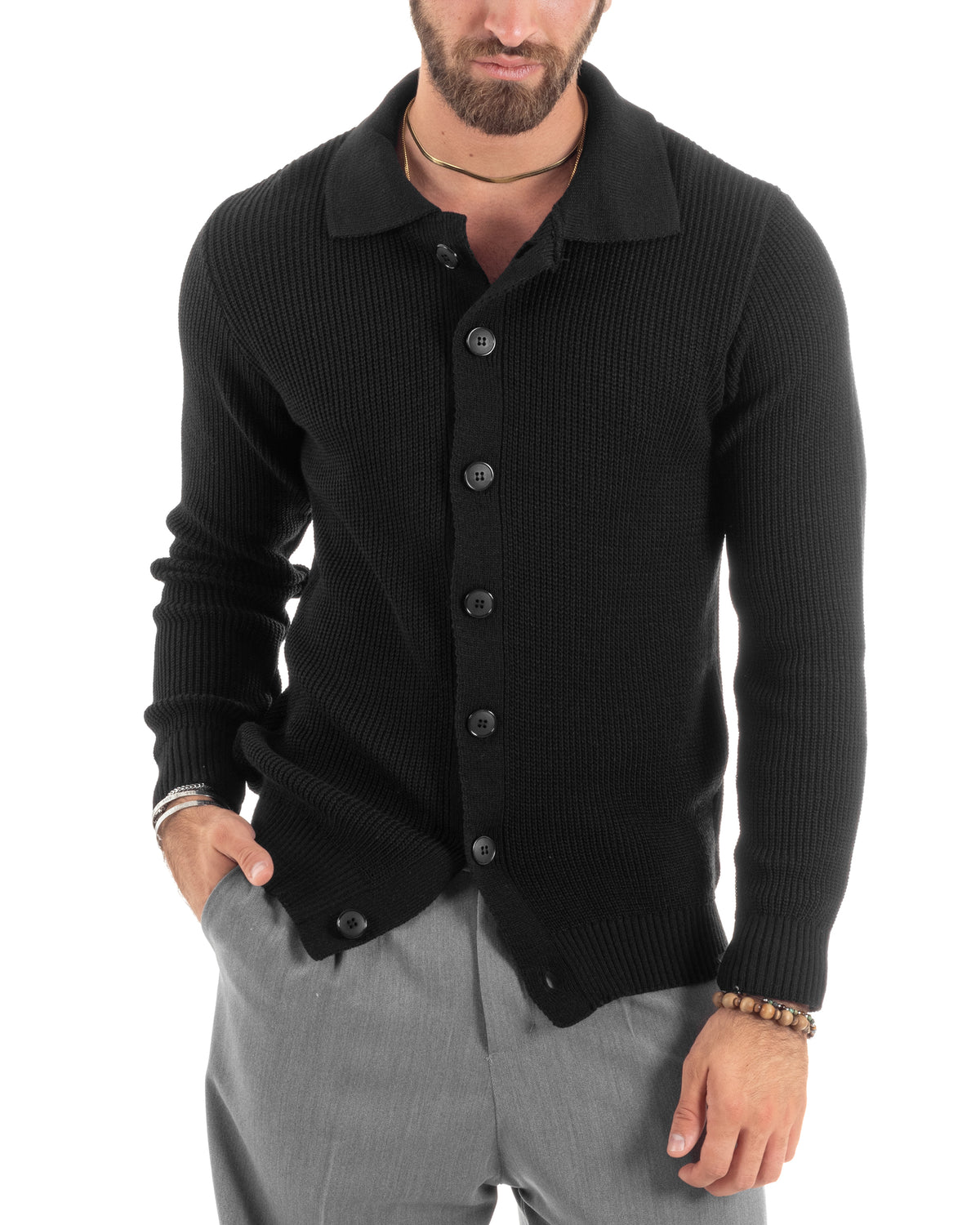 Herren-Cardigan mit Polokragen und Knöpfen, lässiger, klassischer englischer Strickpullover, einfarbig, Schwarz, GIOSAL-M2885A