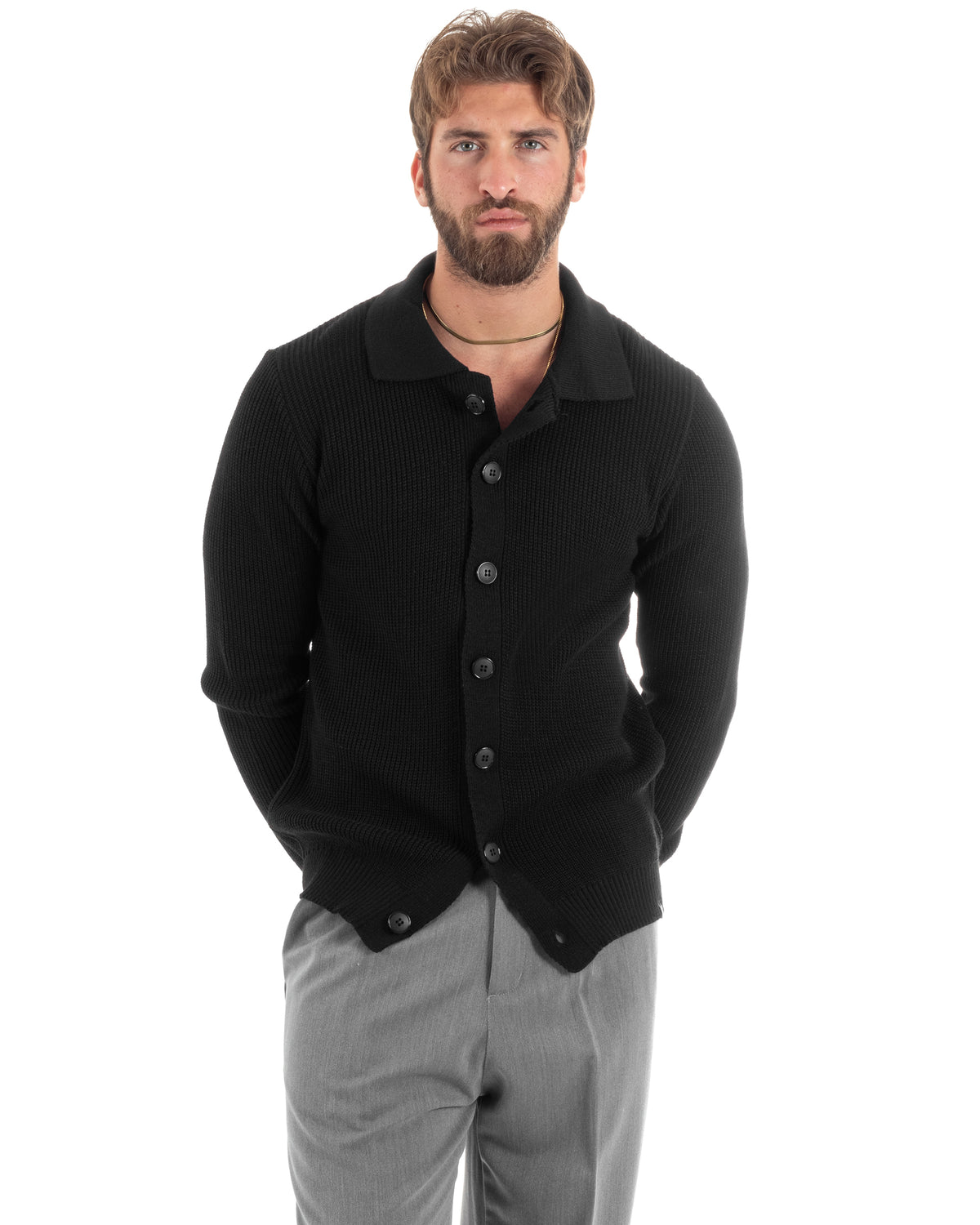 Herren-Cardigan mit Polokragen und Knöpfen, lässiger, klassischer englischer Strickpullover, einfarbig, Schwarz, GIOSAL-M2885A