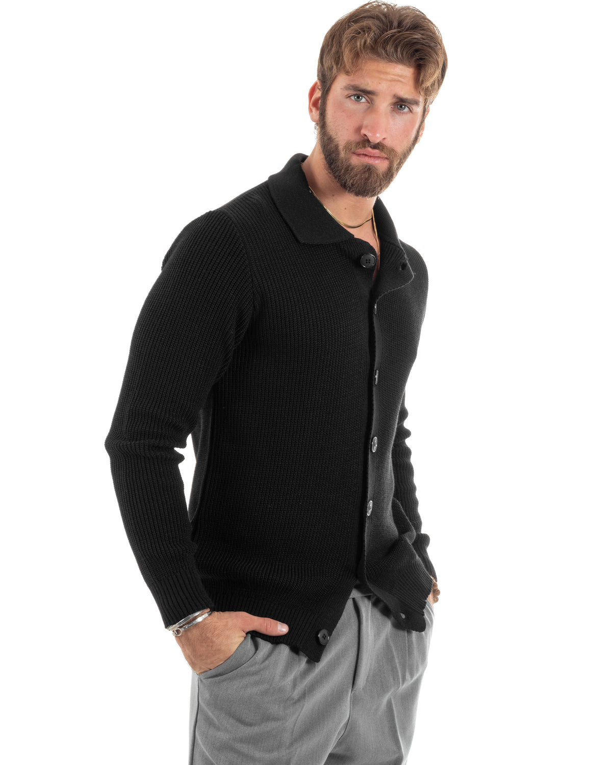 Herren-Cardigan mit Polokragen und Knöpfen, lässiger, klassischer englischer Strickpullover, einfarbig, Schwarz, GIOSAL-M2885A
