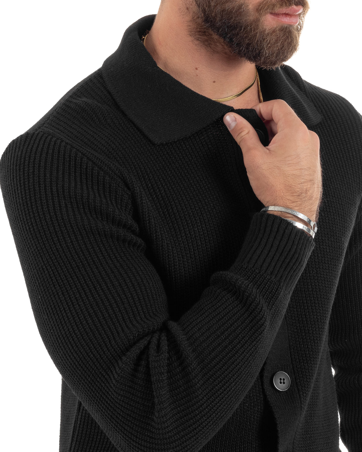Herren-Cardigan mit Polokragen und Knöpfen, lässiger, klassischer englischer Strickpullover, einfarbig, Schwarz, GIOSAL-M2885A