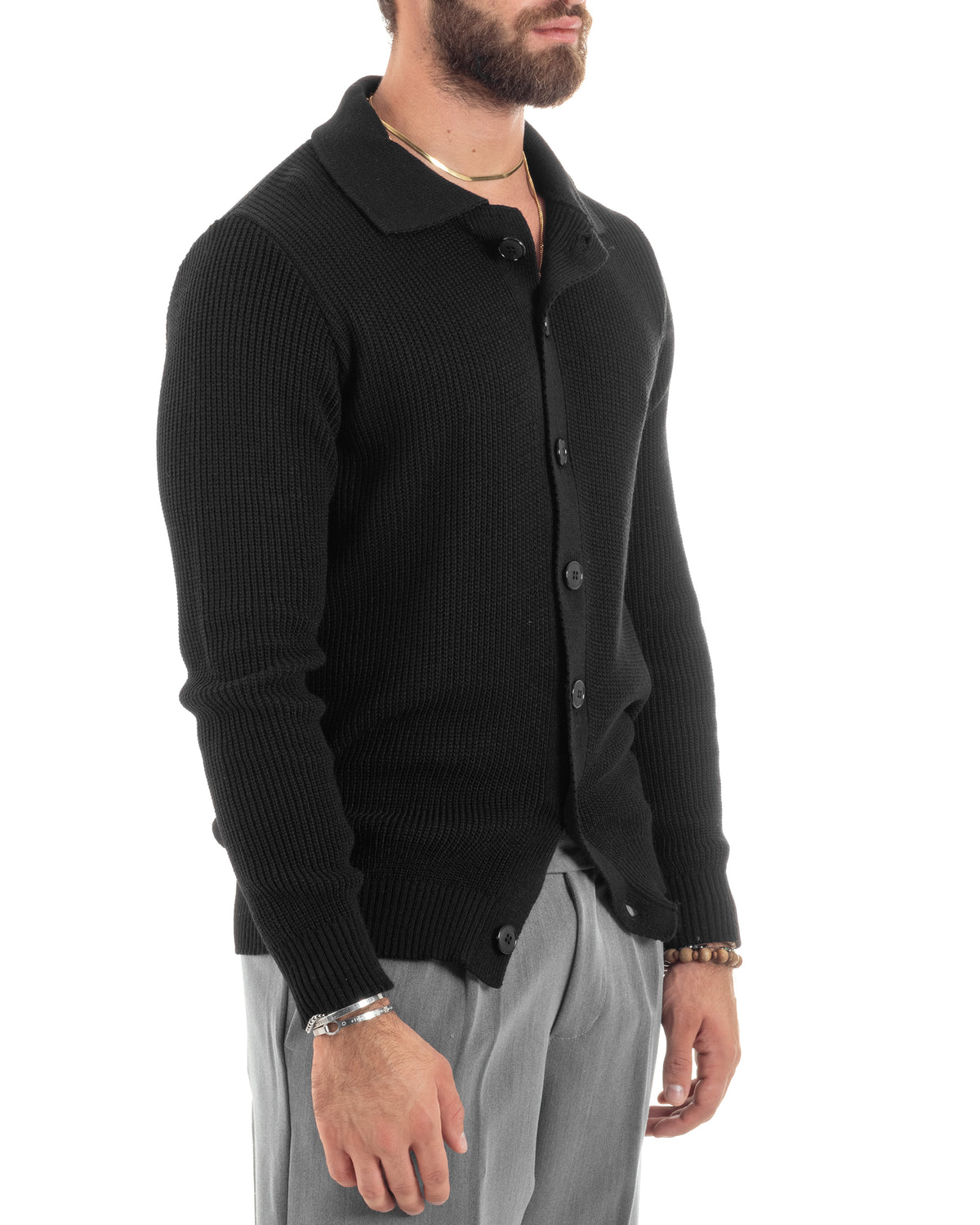 Herren-Cardigan mit Polokragen und Knöpfen, lässiger, klassischer englischer Strickpullover, einfarbig, Schwarz, GIOSAL-M2885A