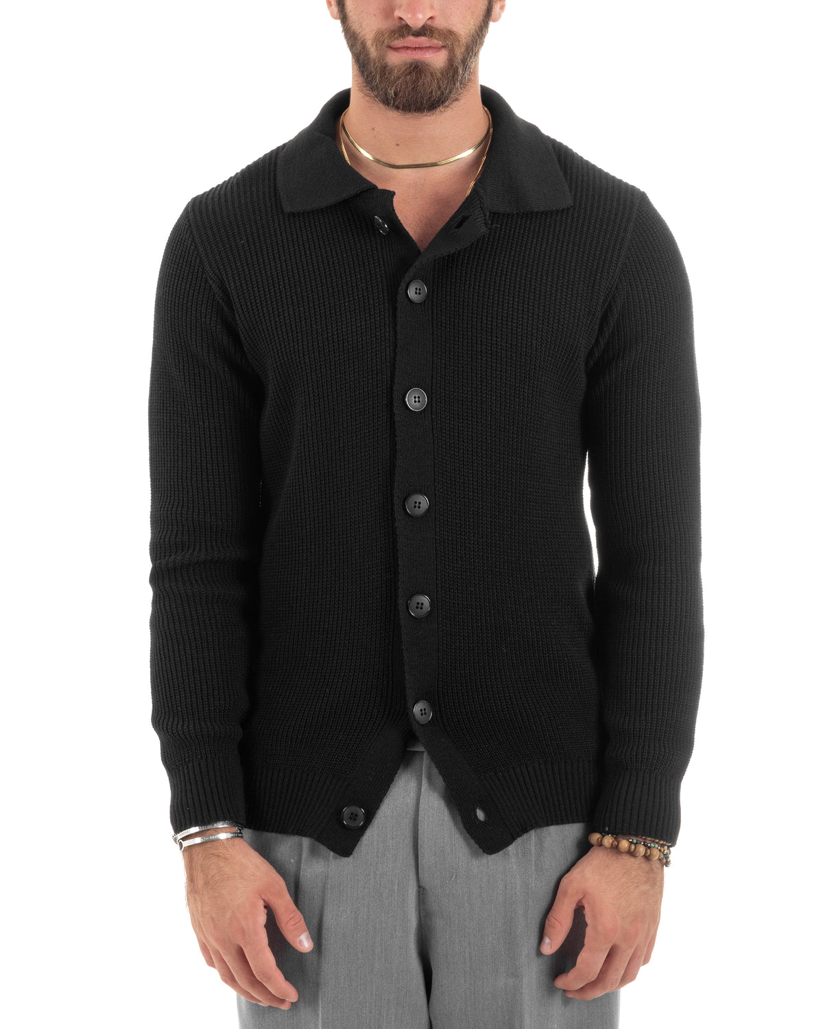 Herren-Cardigan mit Polokragen und Knöpfen, lässiger, klassischer englischer Strickpullover, einfarbig, Schwarz, GIOSAL-M2885A