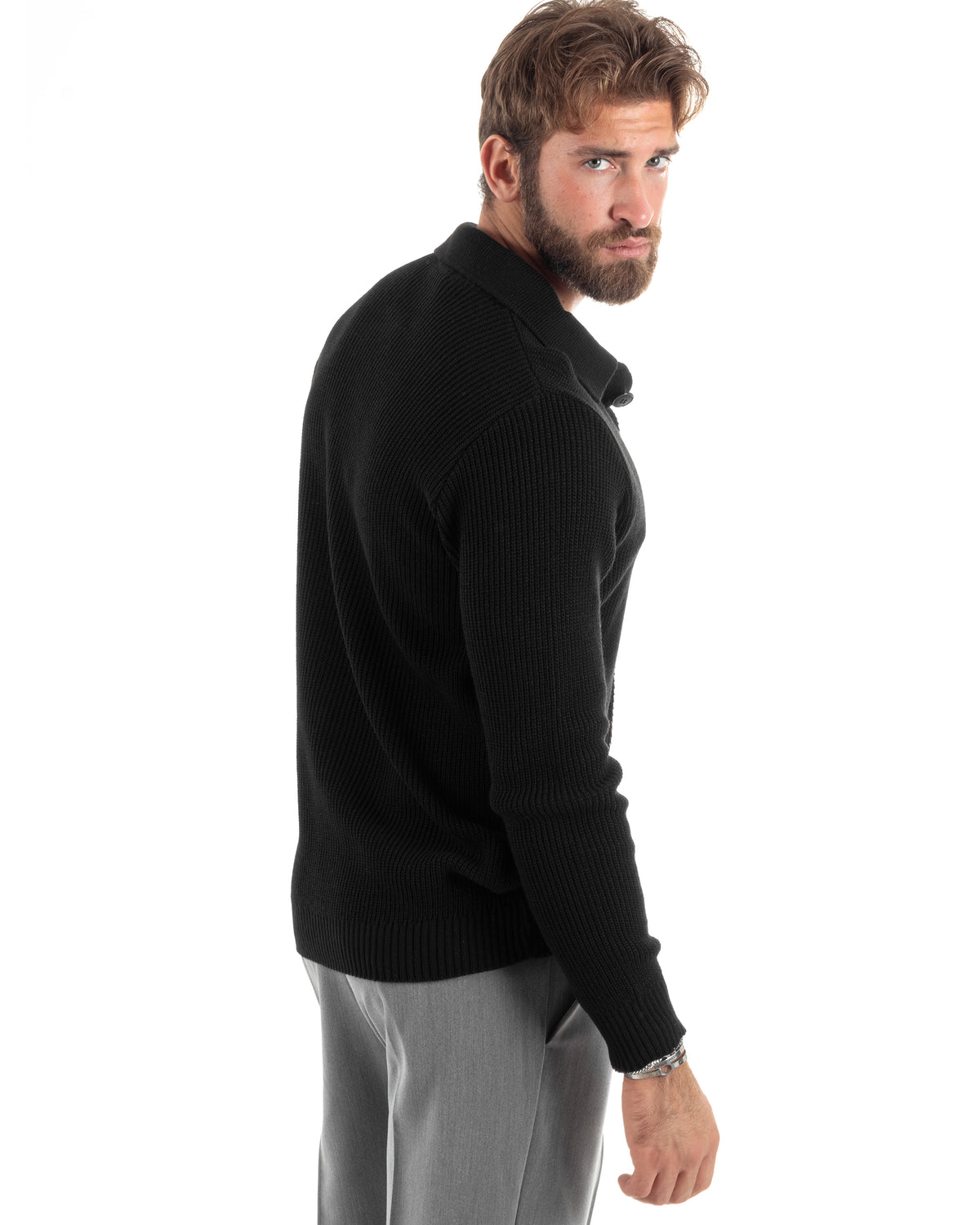 Herren-Cardigan mit Polokragen und Knöpfen, lässiger, klassischer englischer Strickpullover, einfarbig, Schwarz, GIOSAL-M2885A
