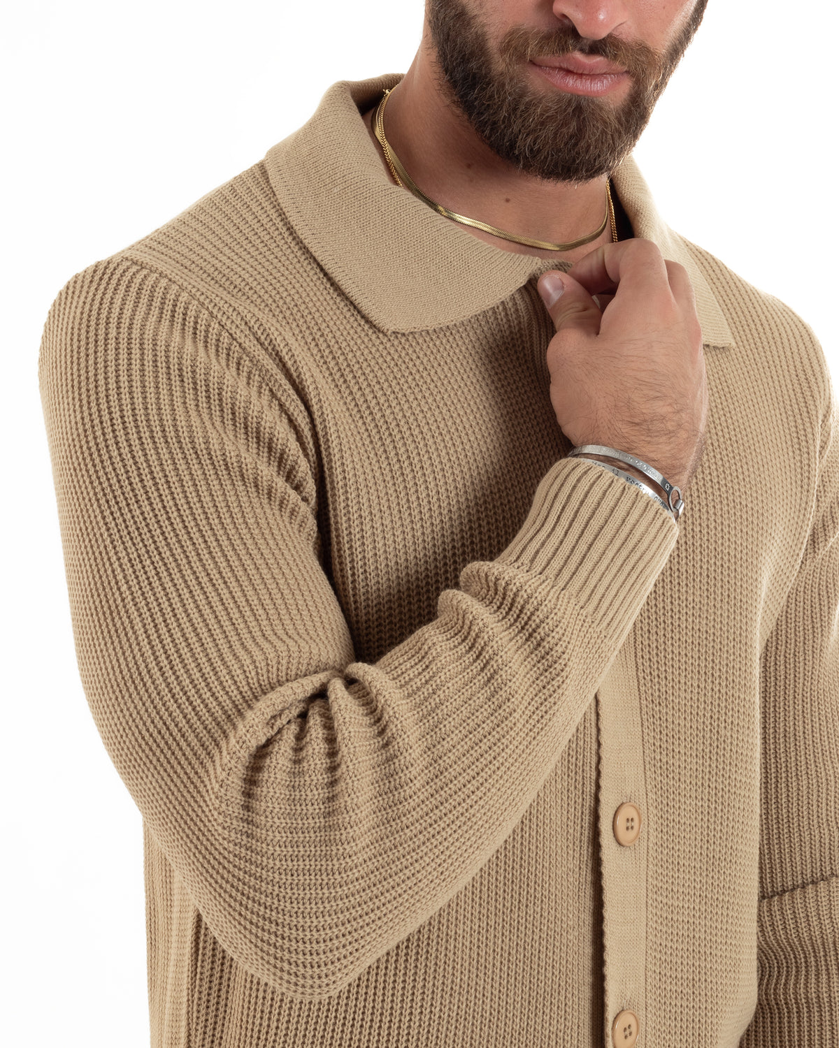 Men's Cardigan Sweater Polo Collar Button Down Casual Basic Solid Color Beige GIOSAL-M2886A