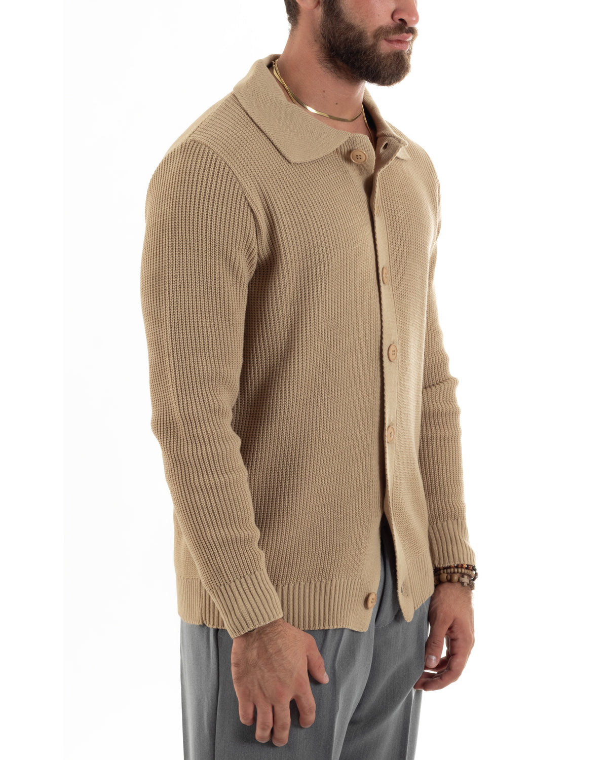 Men's Cardigan Sweater Polo Collar Button Down Casual Basic Solid Color Beige GIOSAL-M2886A