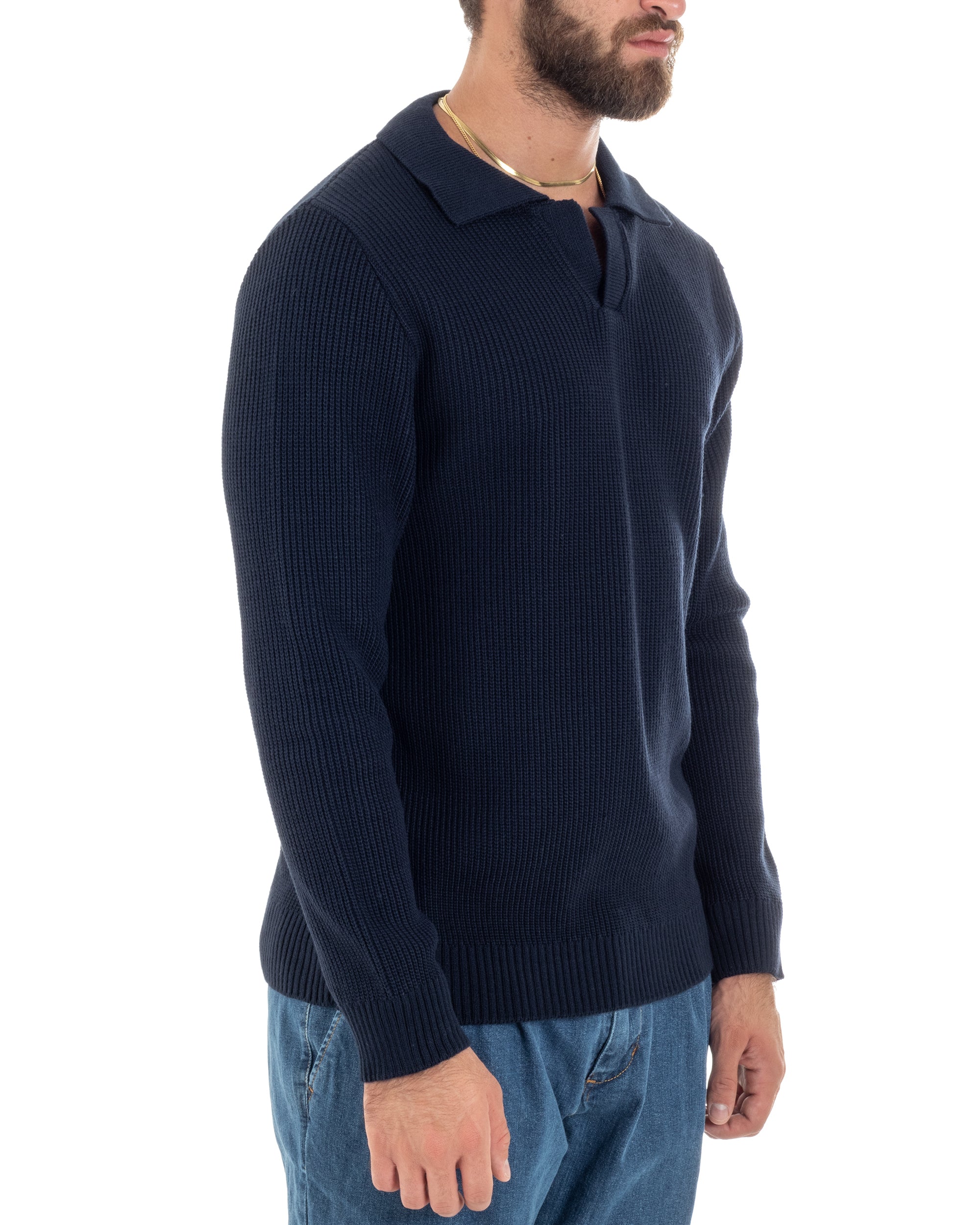 Maglioncino Uomo Con Colletto Maglia Inglese Scollo V Polo Derby Casual Basic Tinta Unita Blu GIOSAL-M2887A