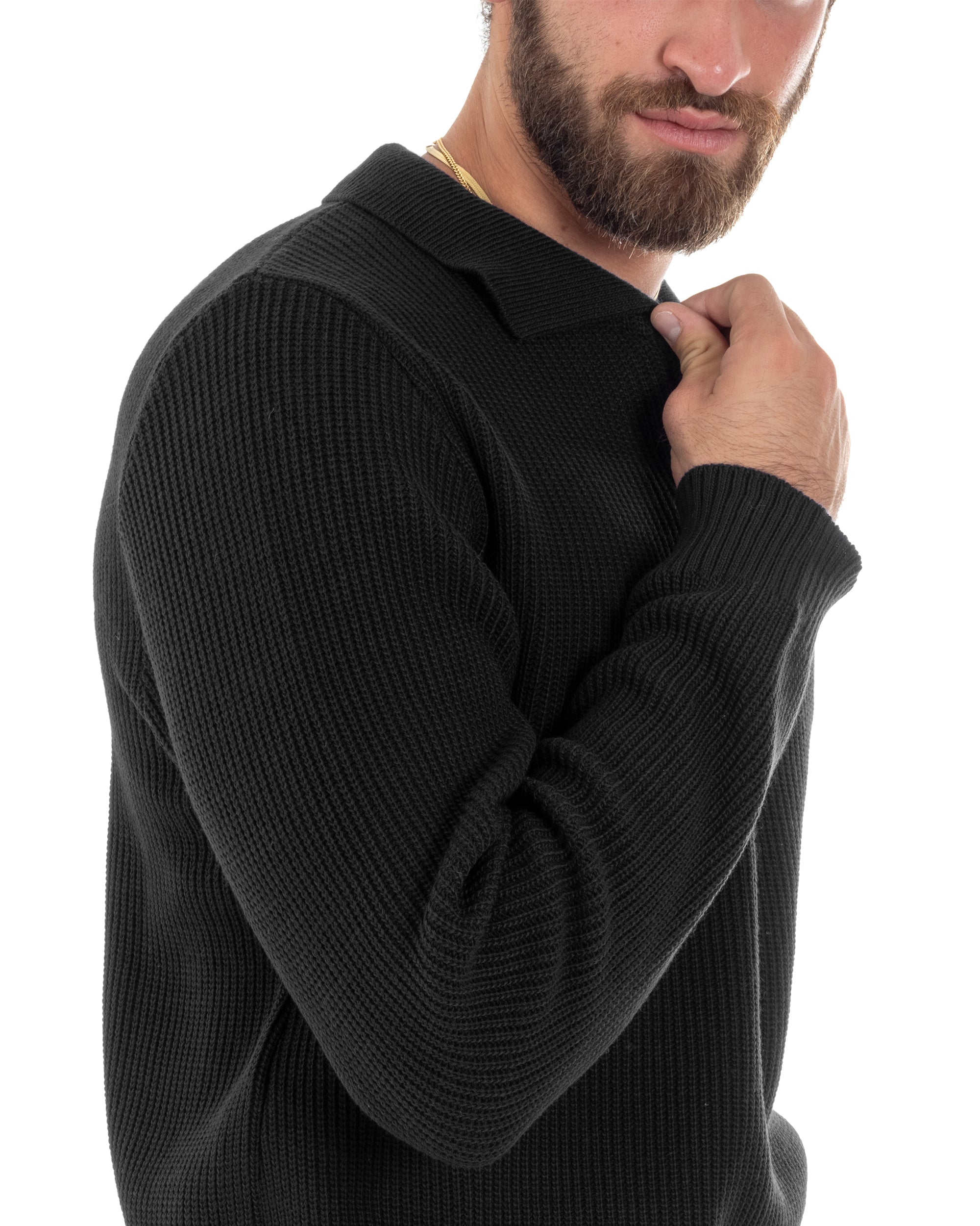 Maglioncino Uomo Con Colletto Maglia Inglese Scollo V Polo Derby Casual Basic Tinta Unita Nero GIOSAL-M2889A