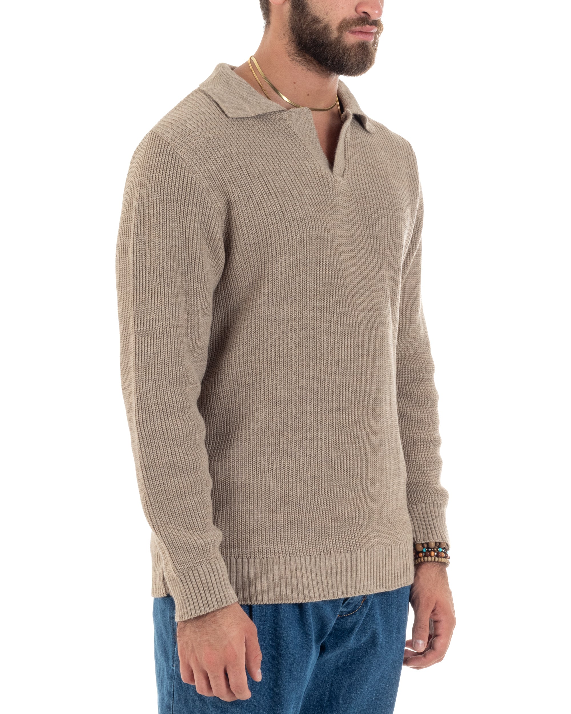 Maglioncino Uomo Con Colletto Maglia Inglese Scollo V Polo Derby Casual Basic Tinta Unita Beige GIOSAL-M2890A