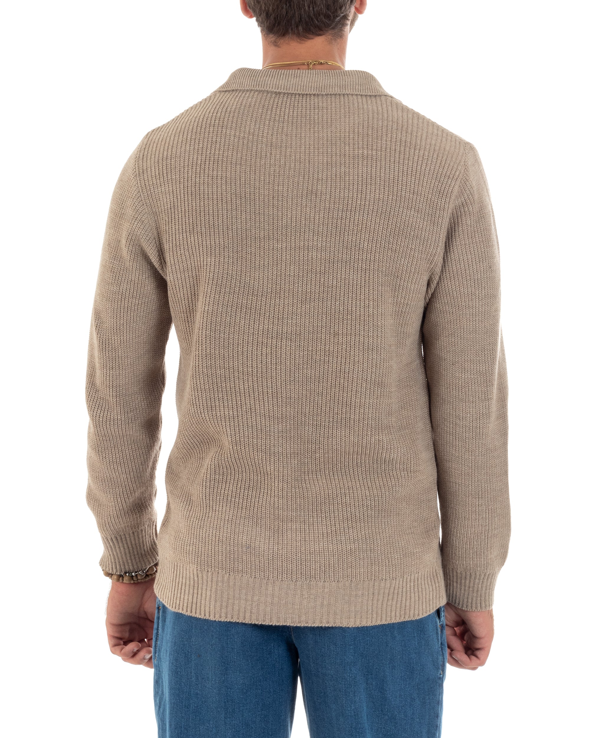 Maglioncino Uomo Con Colletto Maglia Inglese Scollo V Polo Derby Casual Basic Tinta Unita Beige GIOSAL-M2890A
