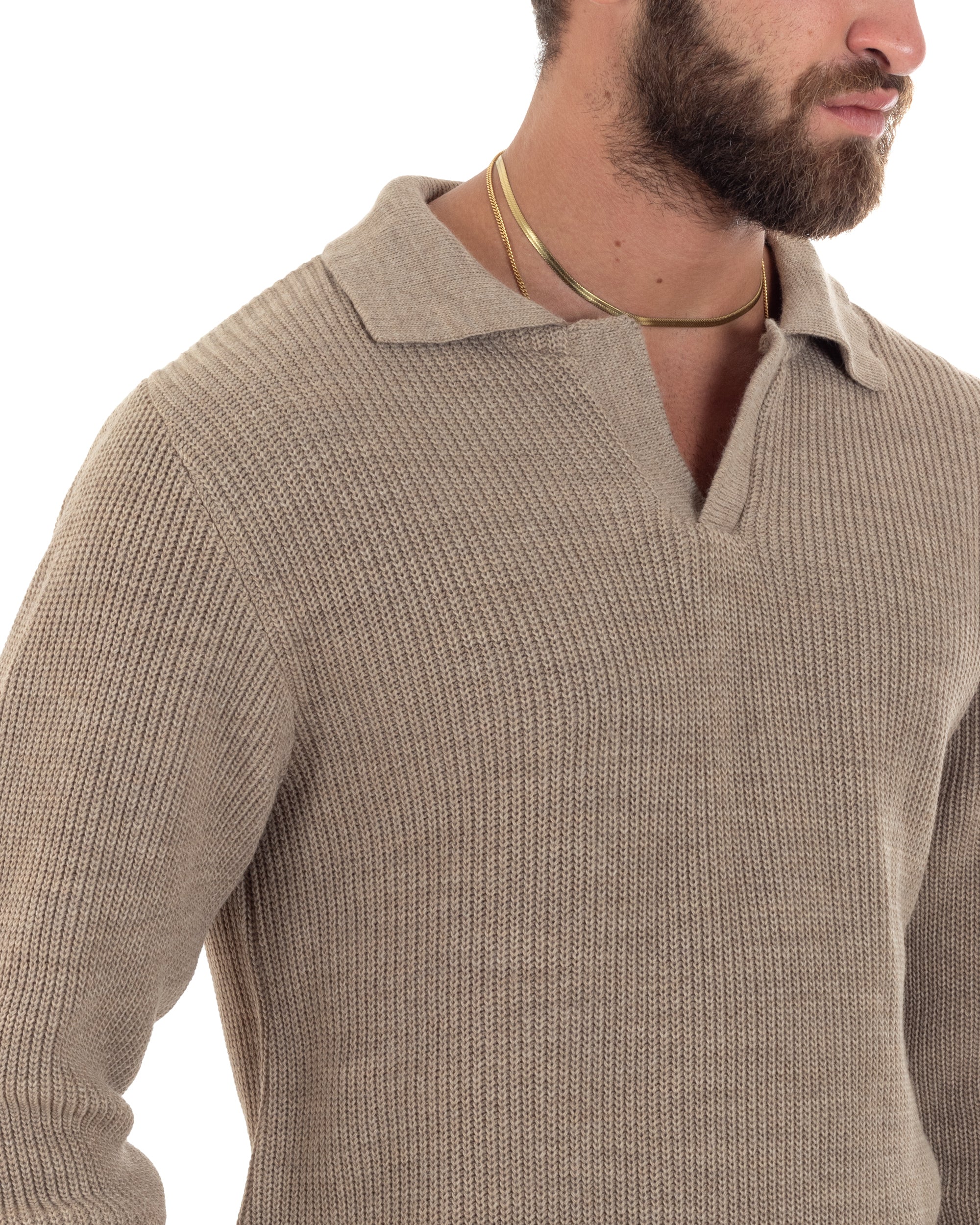 Maglioncino Uomo Con Colletto Maglia Inglese Scollo V Polo Derby Casual Basic Tinta Unita Beige GIOSAL-M2890A