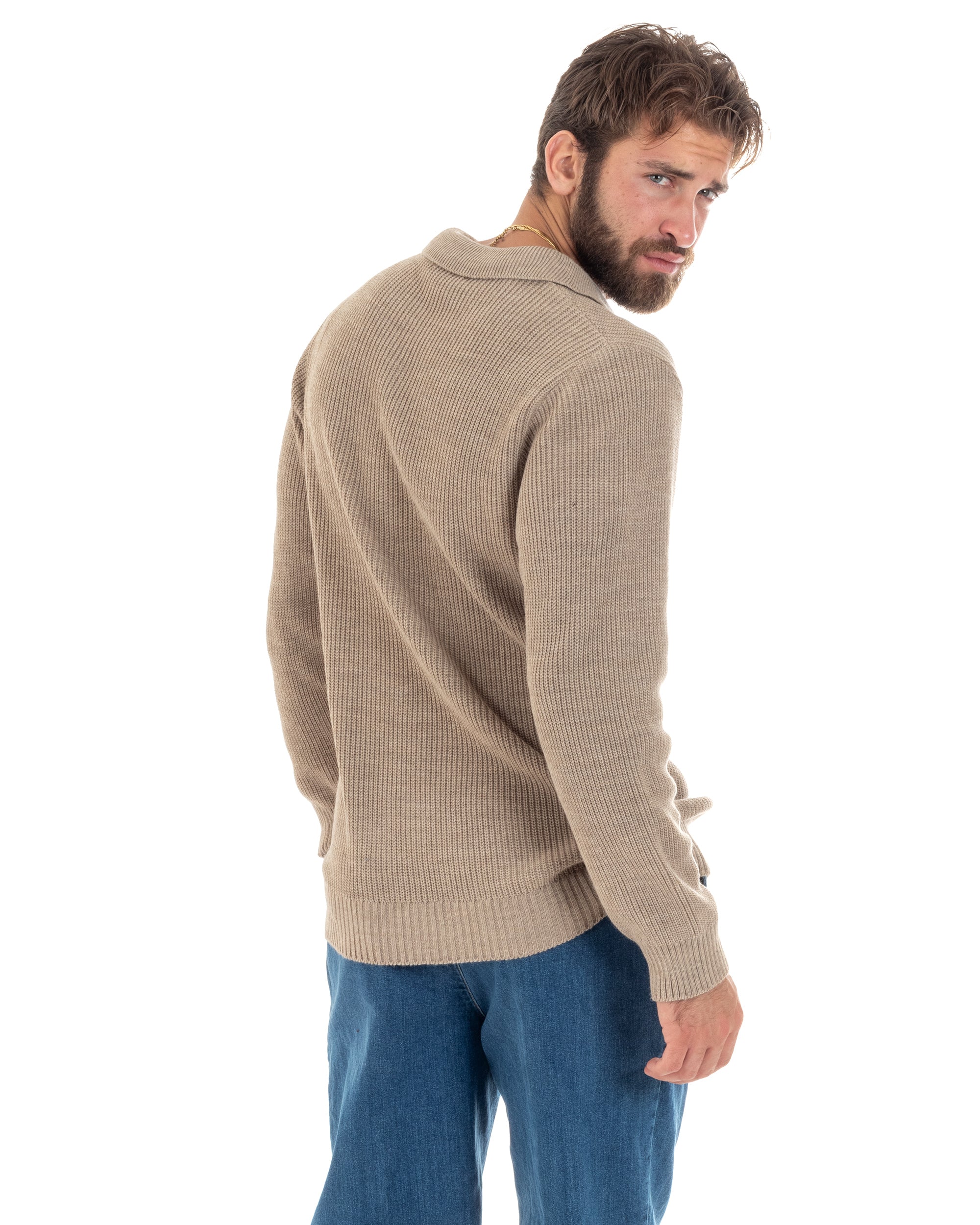 Maglioncino Uomo Con Colletto Maglia Inglese Scollo V Polo Derby Casual Basic Tinta Unita Beige GIOSAL-M2890A