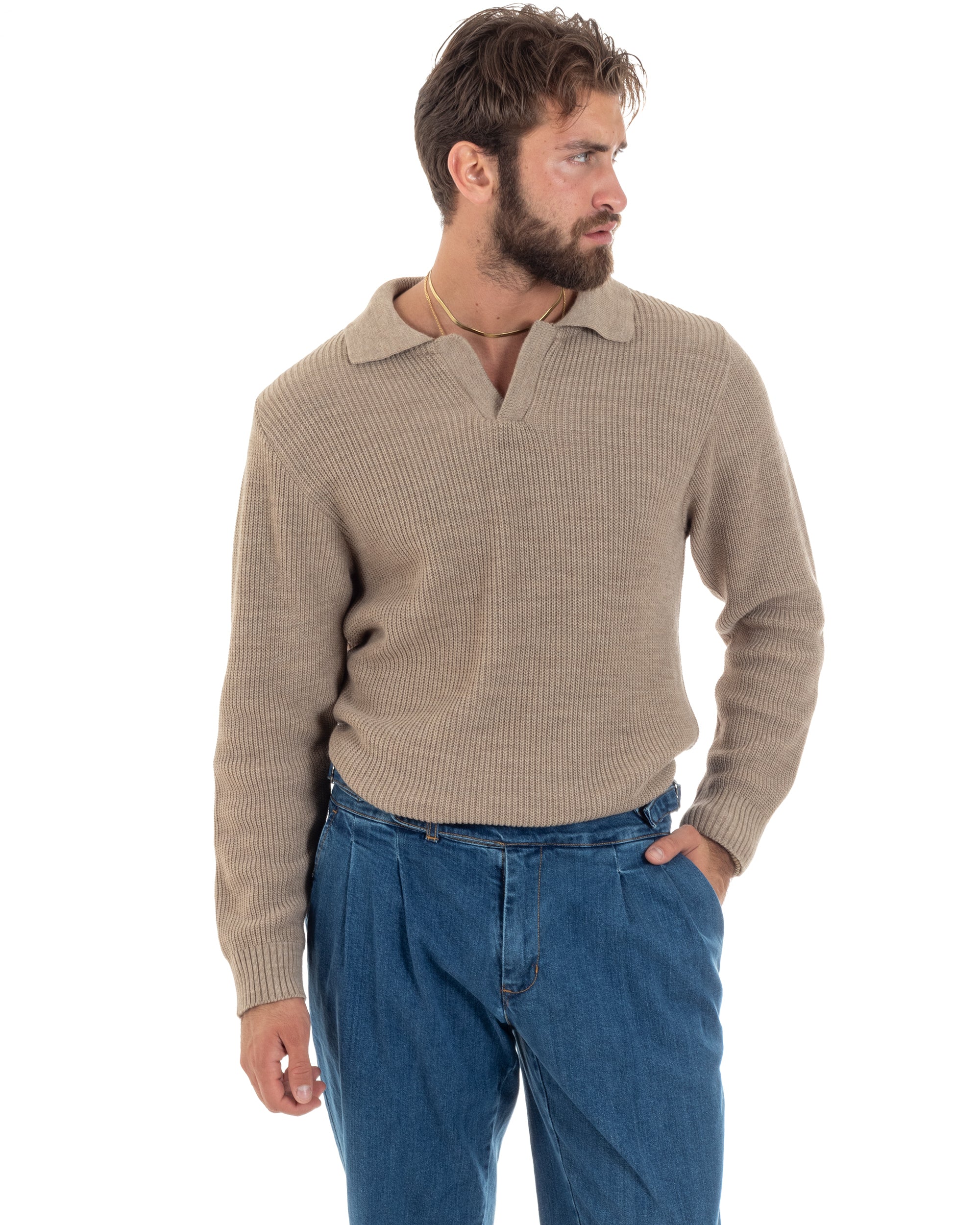 Maglioncino Uomo Con Colletto Maglia Inglese Scollo V Polo Derby Casual Basic Tinta Unita Beige GIOSAL-M2890A