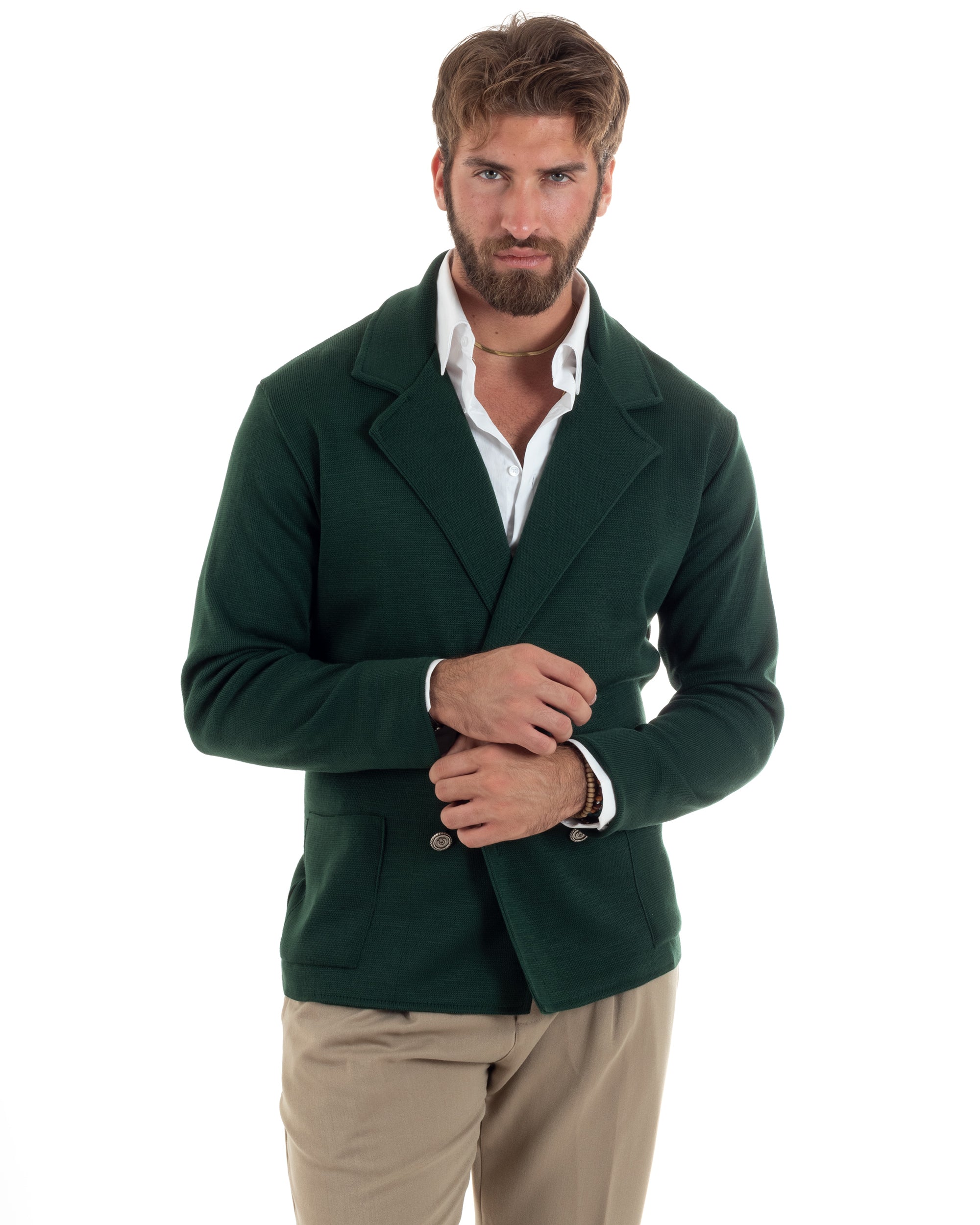Cardigan uomo doppiopetto giacca bottoni metallo maglia links verde bottiglia GIOSAL-M2891A