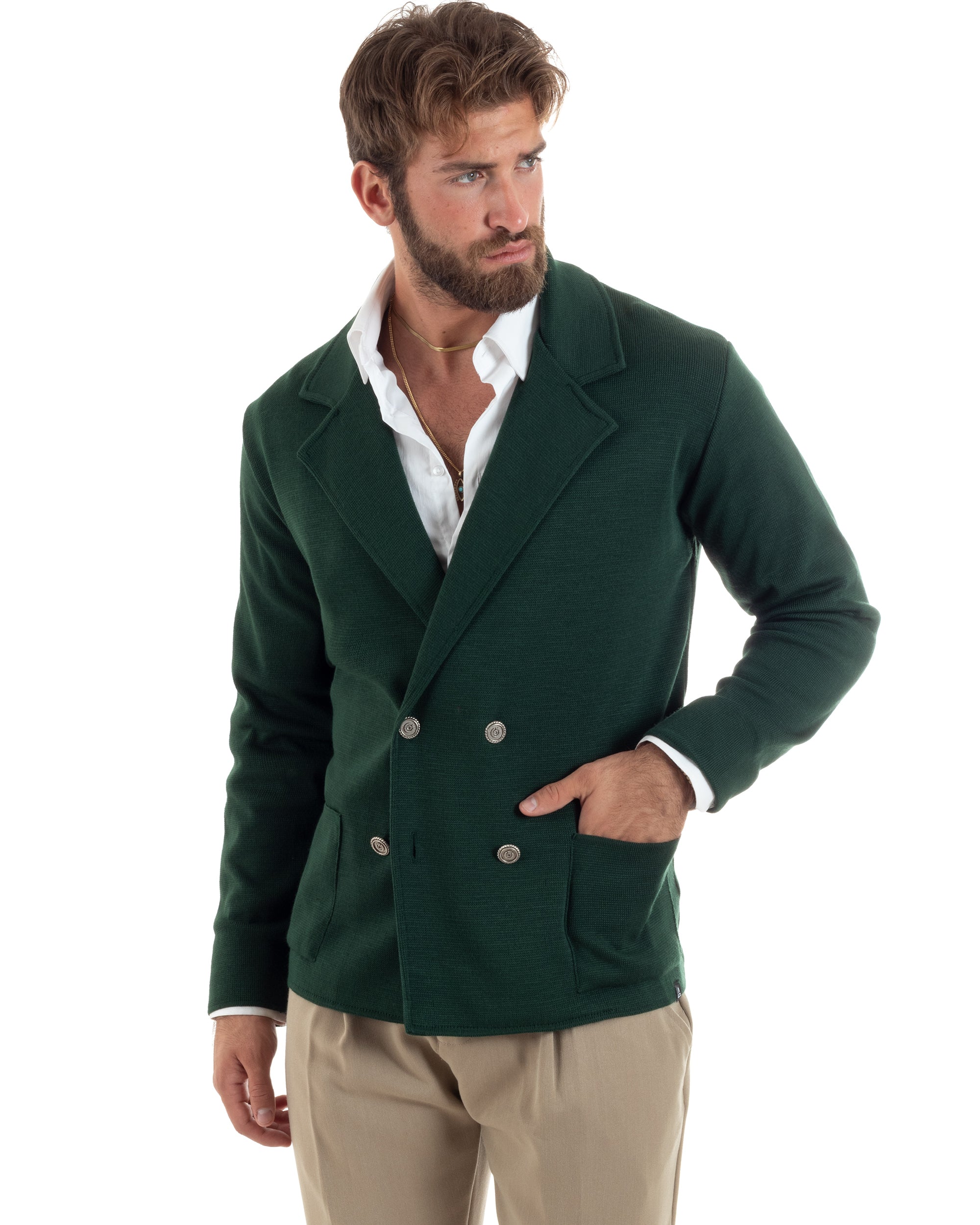 Cardigan uomo doppiopetto giacca bottoni metallo maglia links verde bottiglia GIOSAL-M2891A