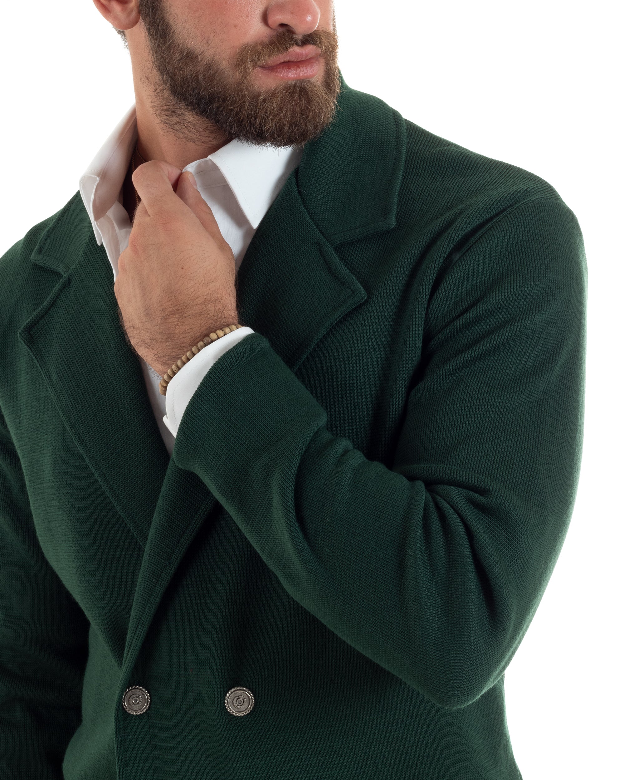 Cardigan Uomo Doppiopetto Giacca Con Bottoni Metallo Maglia Links Verde Bottiglia M2891A