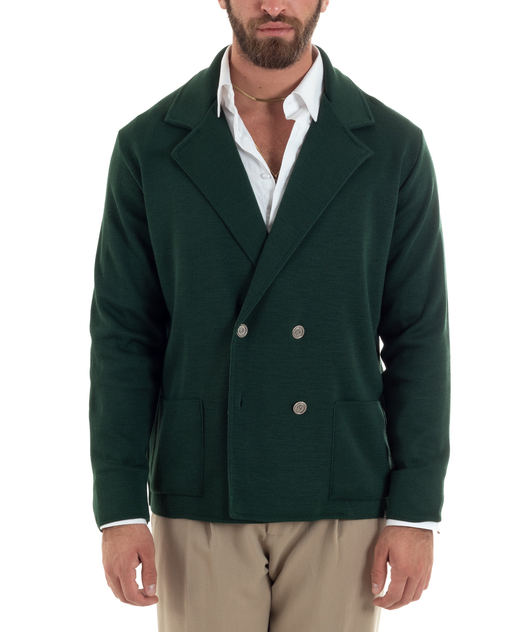 Cardigan Uomo Doppiopetto Giacca Con Bottoni Metallo Maglia Links Verde Bottiglia M2891A