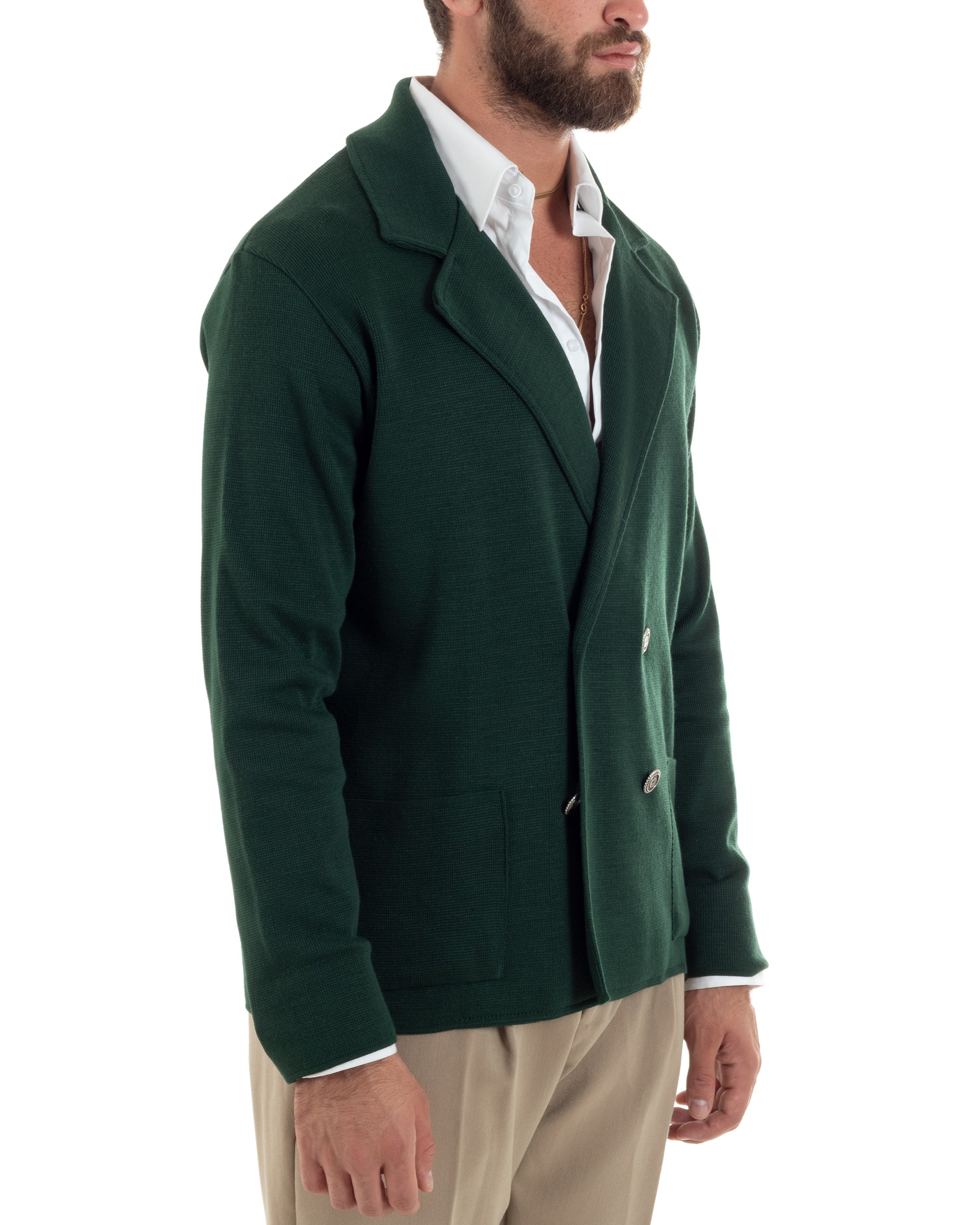 Cardigan Uomo Doppiopetto Giacca Con Bottoni Metallo Maglia Links Verde Bottiglia M2891A