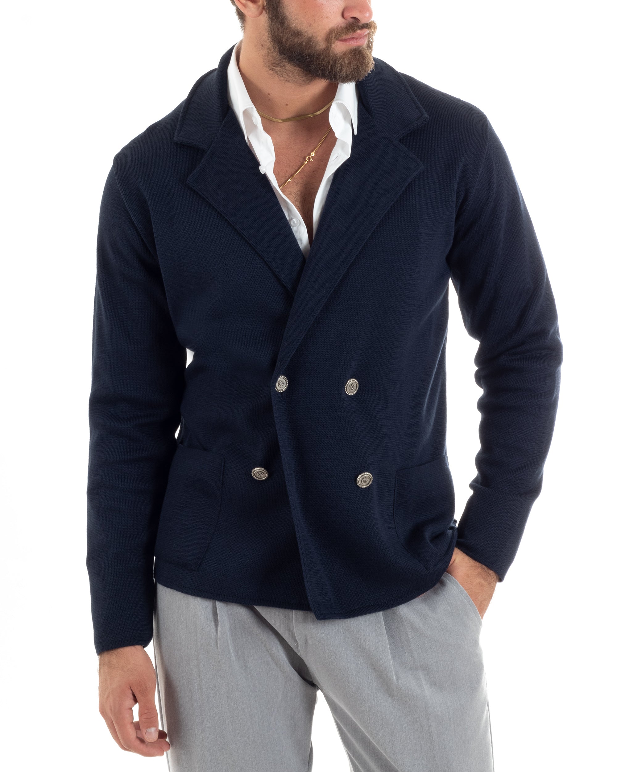 Cardigan Uomo Doppiopetto Giacca Con Bottoni In Metallo Maglia Links Blu M2892A
