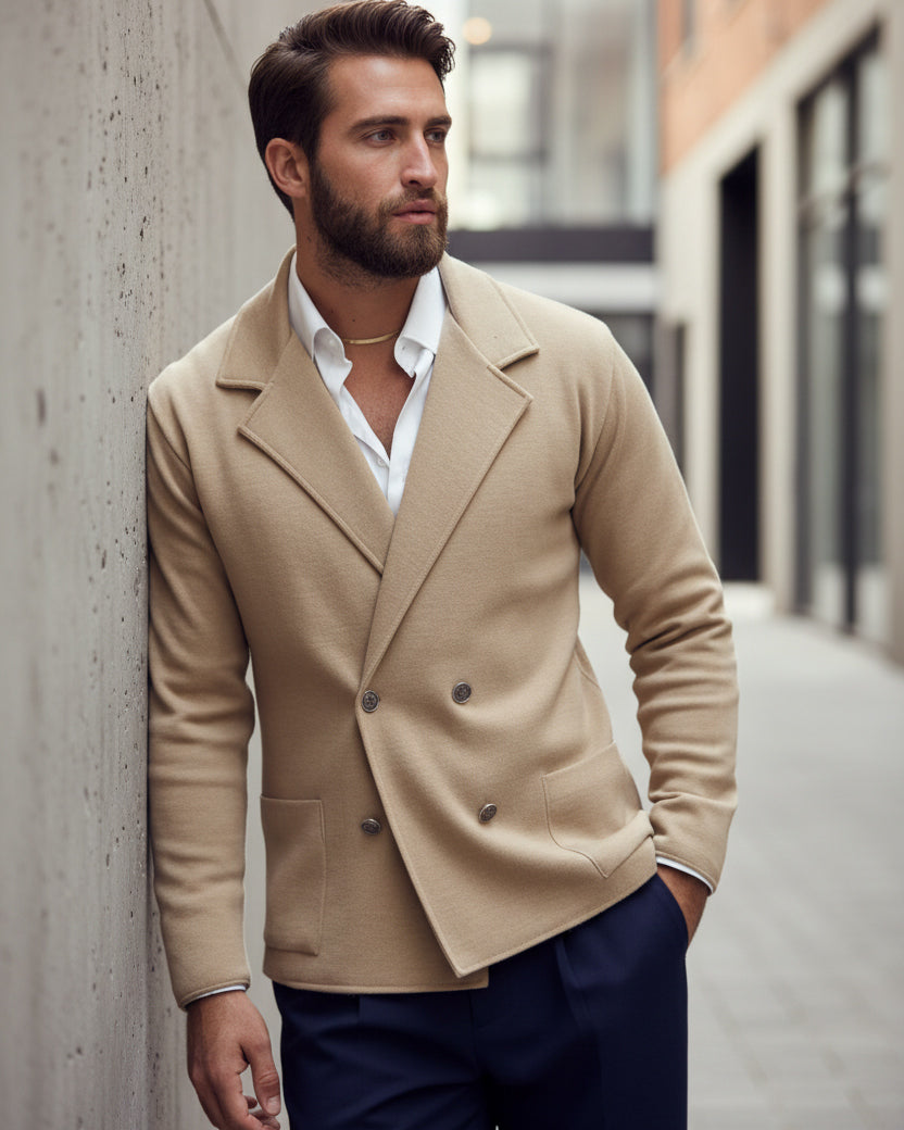 Cardigan uomo beige doppiopetto giacca bottoni metallo maglia links