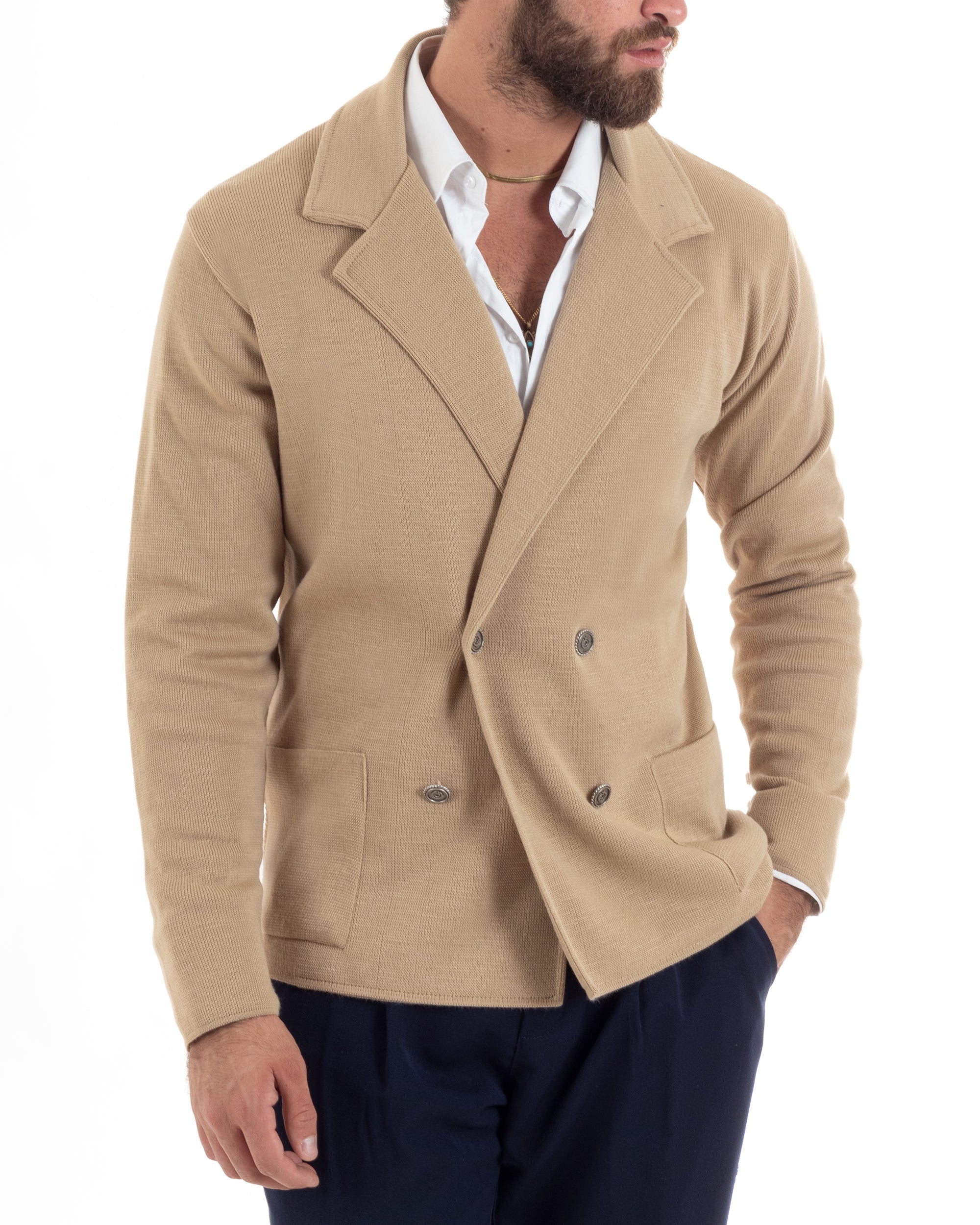 Cardigan Uomo Doppiopetto Giacca Con Bottoni Metallo Maglia Links Beige M2893A