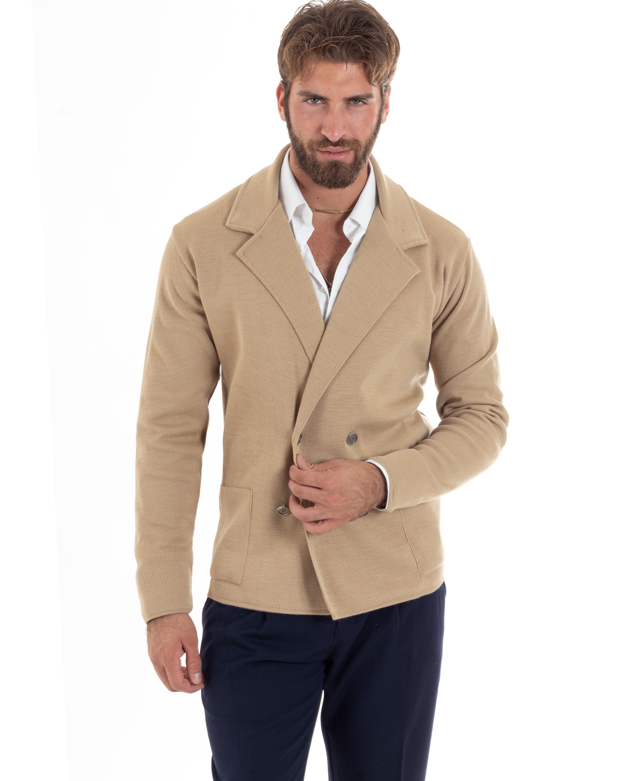 Cardigan Uomo Doppiopetto Giacca Con Bottoni Metallo Maglia Links Beige M2893A