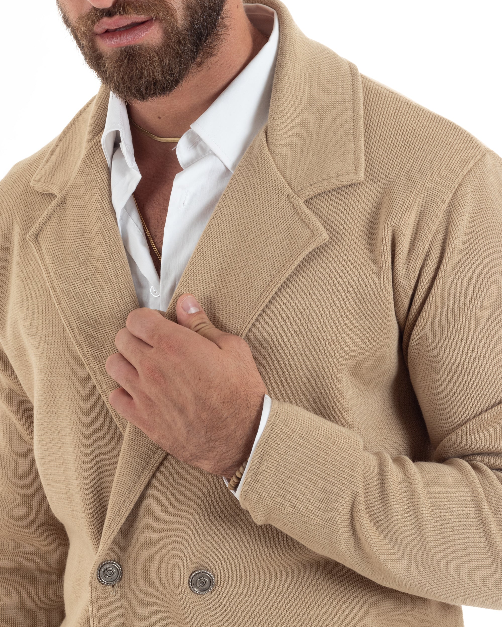 Cardigan beige uomo doppiopetto tasche a toppa laterali maglia