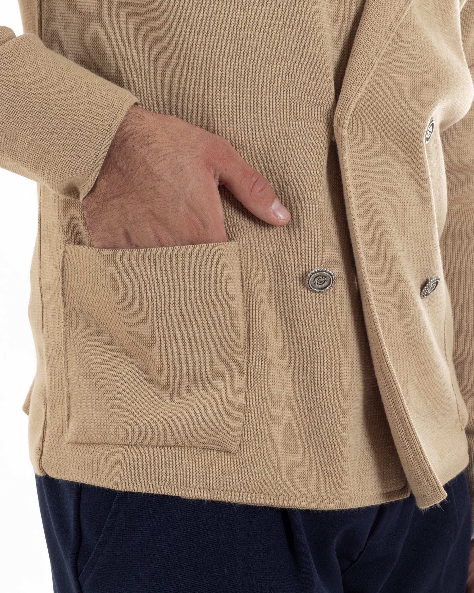 Cardigan Uomo Doppiopetto Giacca Con Bottoni Metallo Maglia Links Beige M2893A