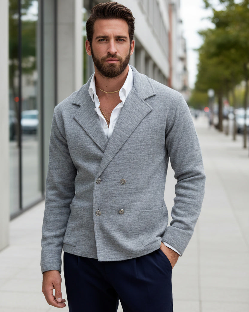 Men's double-breasted cardigan jacket with metal buttons and links, grey GIOSAL-M2895A