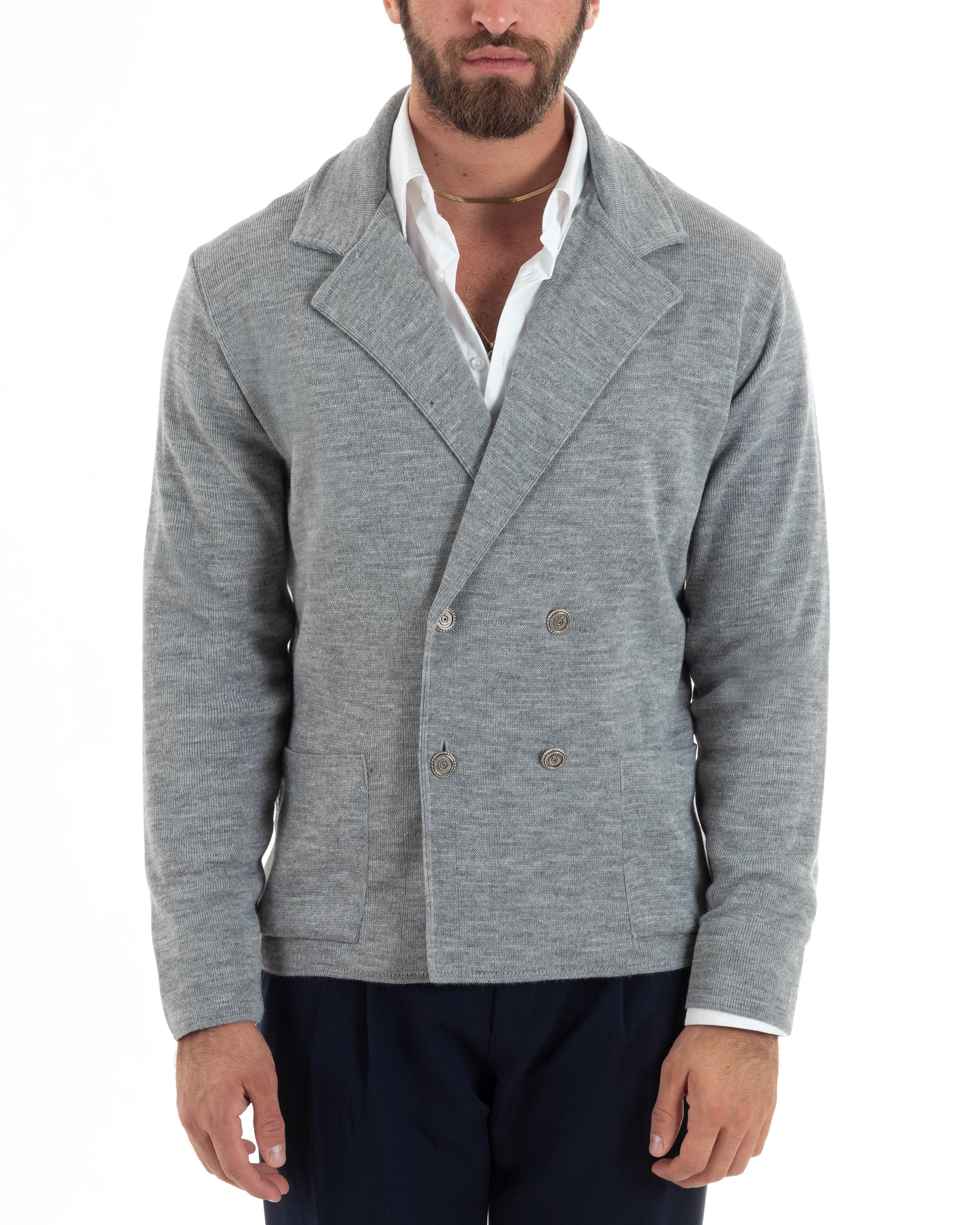 Men's double-breasted cardigan jacket with metal buttons and links, grey GIOSAL-M2895A