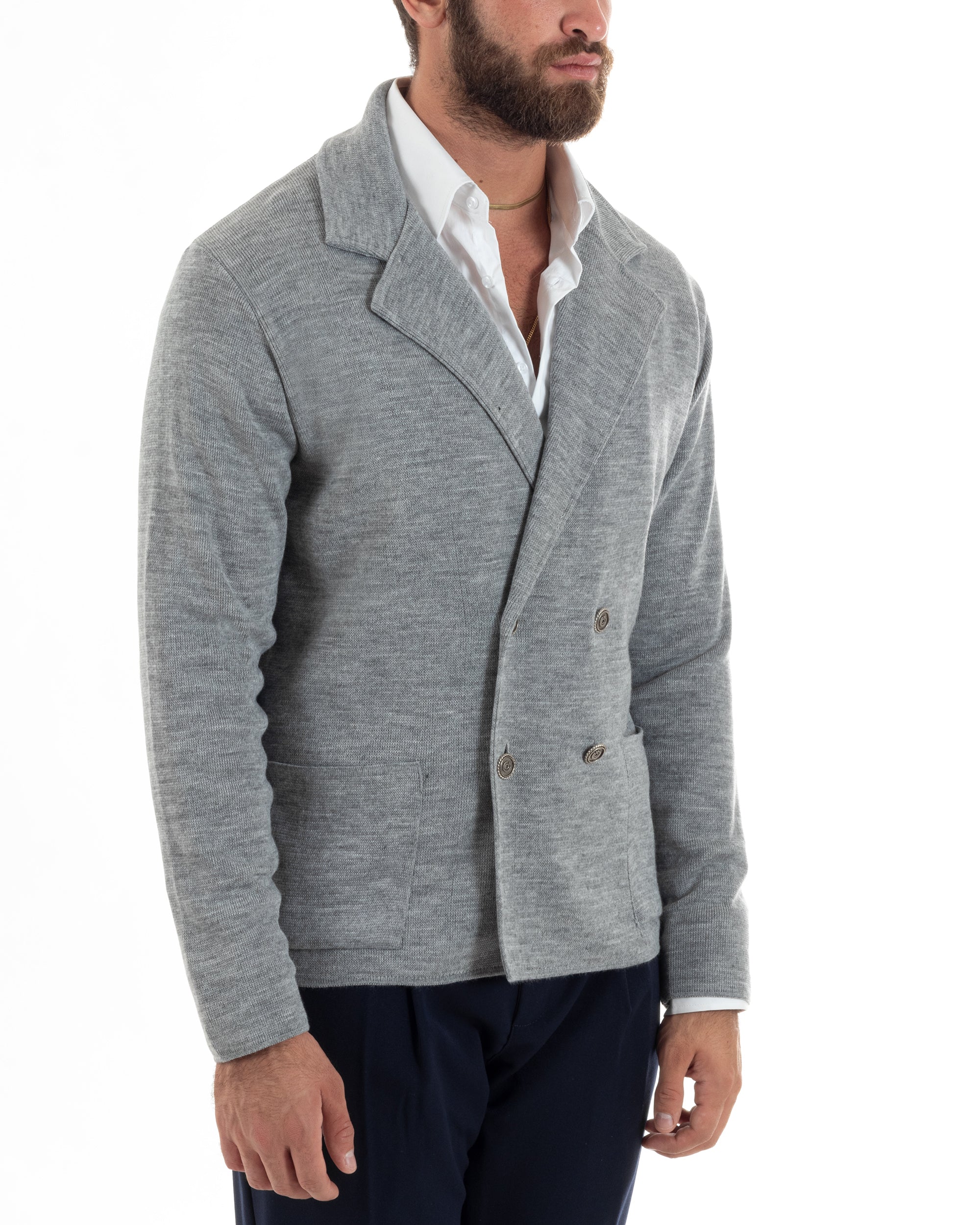 Cardigan Uomo Doppiopetto Giacca Con Bottoni Metallo Maglia Links Grigio M2895A