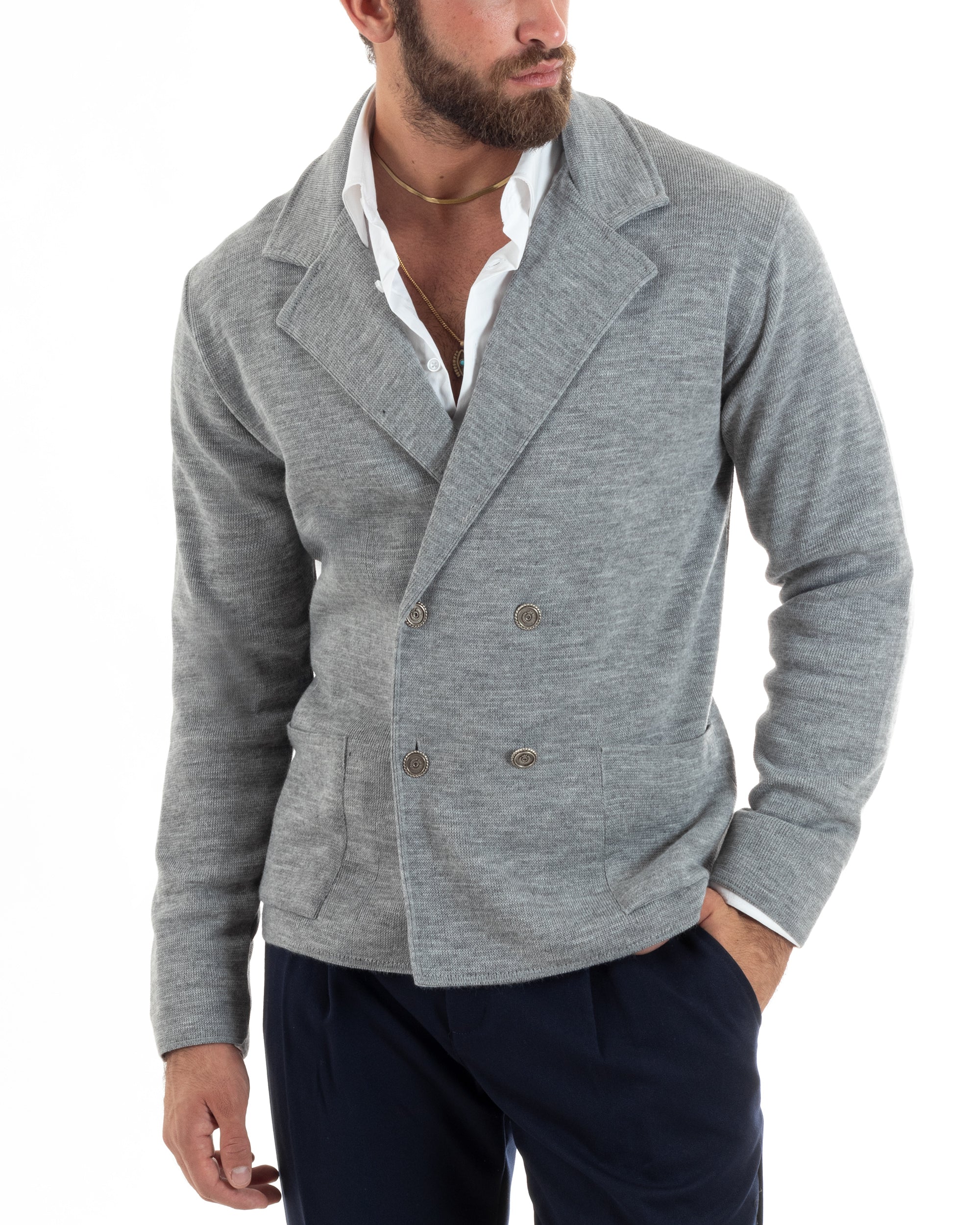 Cardigan Uomo Doppiopetto Giacca Con Bottoni Metallo Maglia Links Grigio M2895A