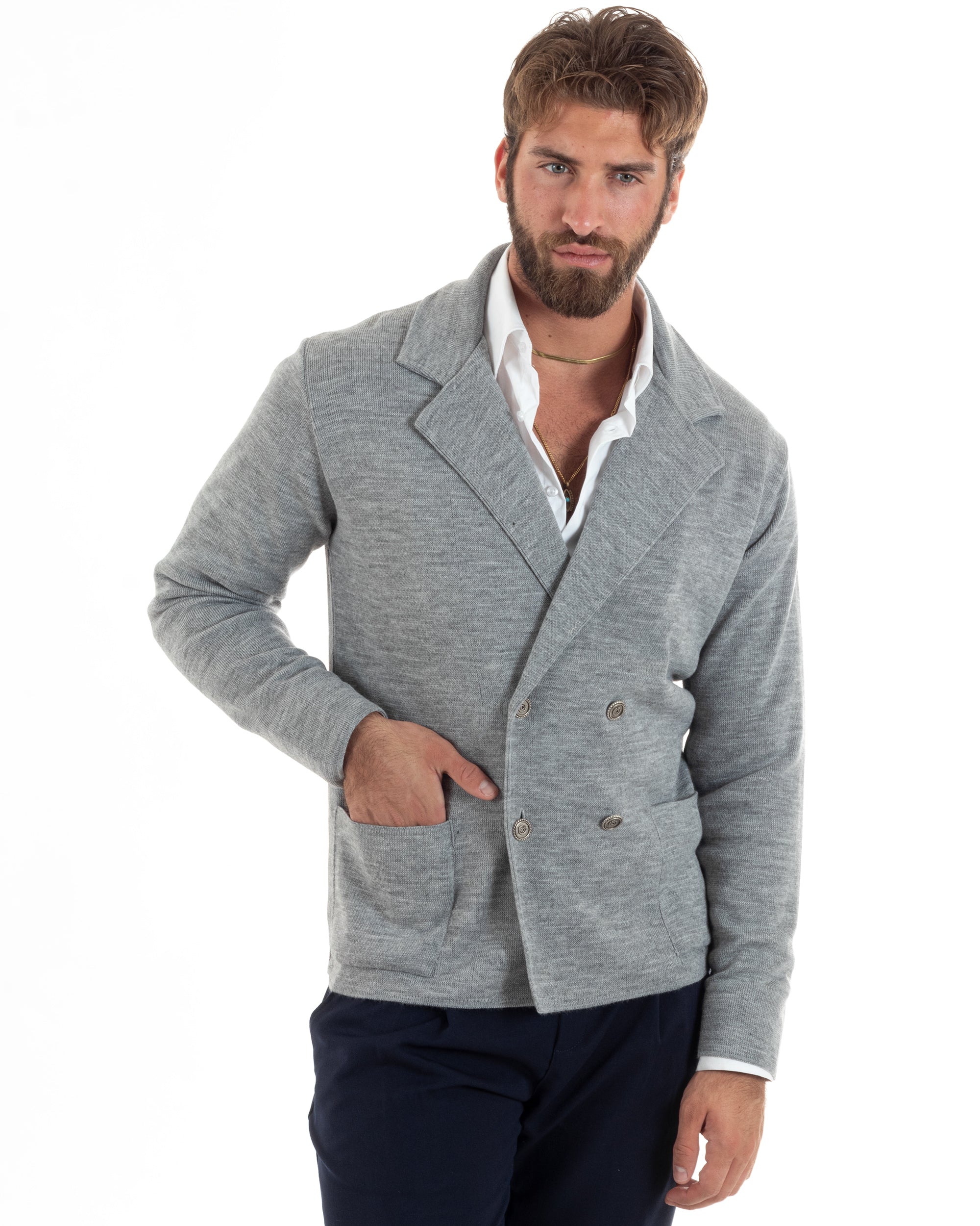 Cardigan Uomo Doppiopetto Giacca Con Bottoni Metallo Maglia Links Grigio M2895A