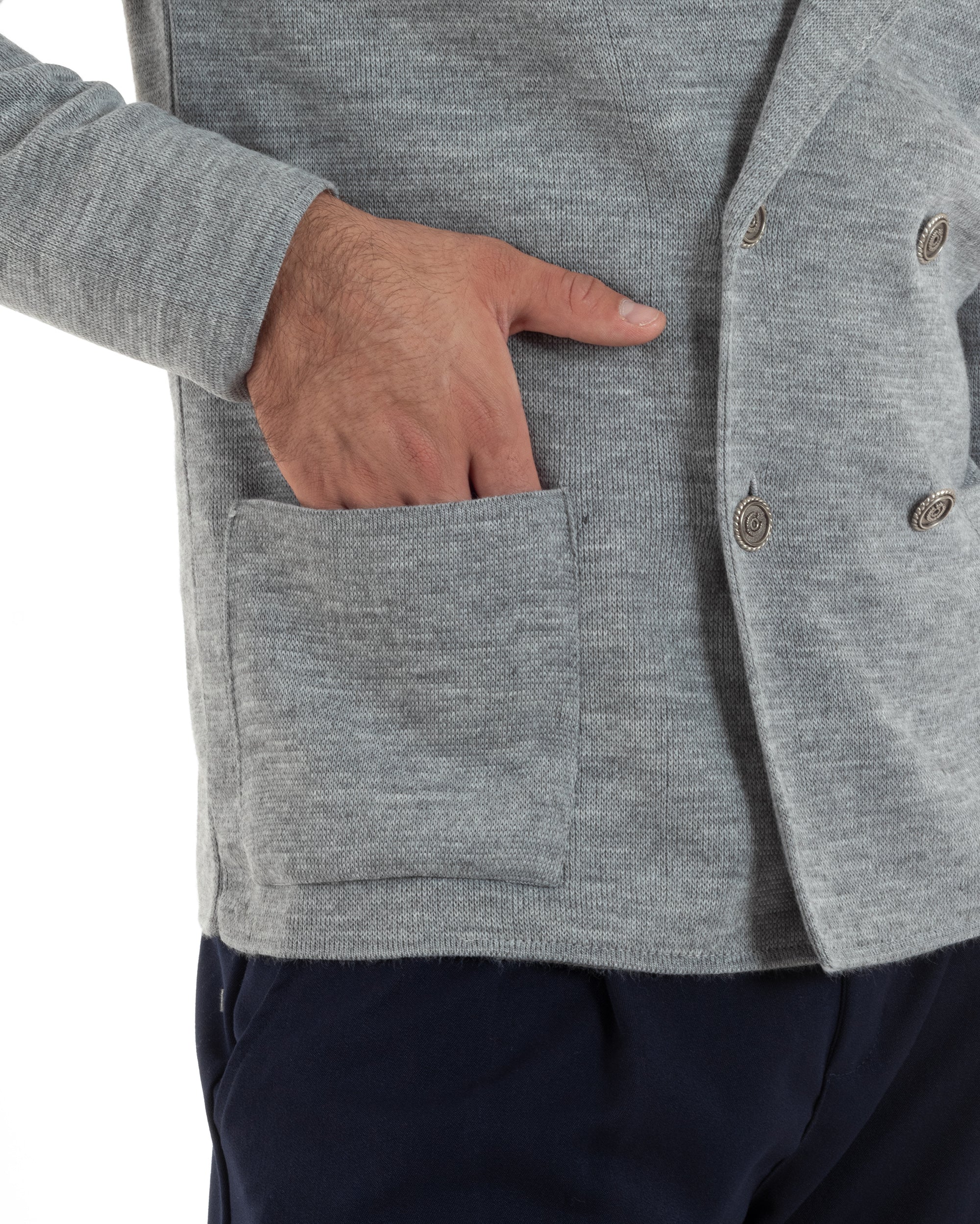 Men's double-breasted cardigan jacket with metal buttons and links, grey GIOSAL-M2895A