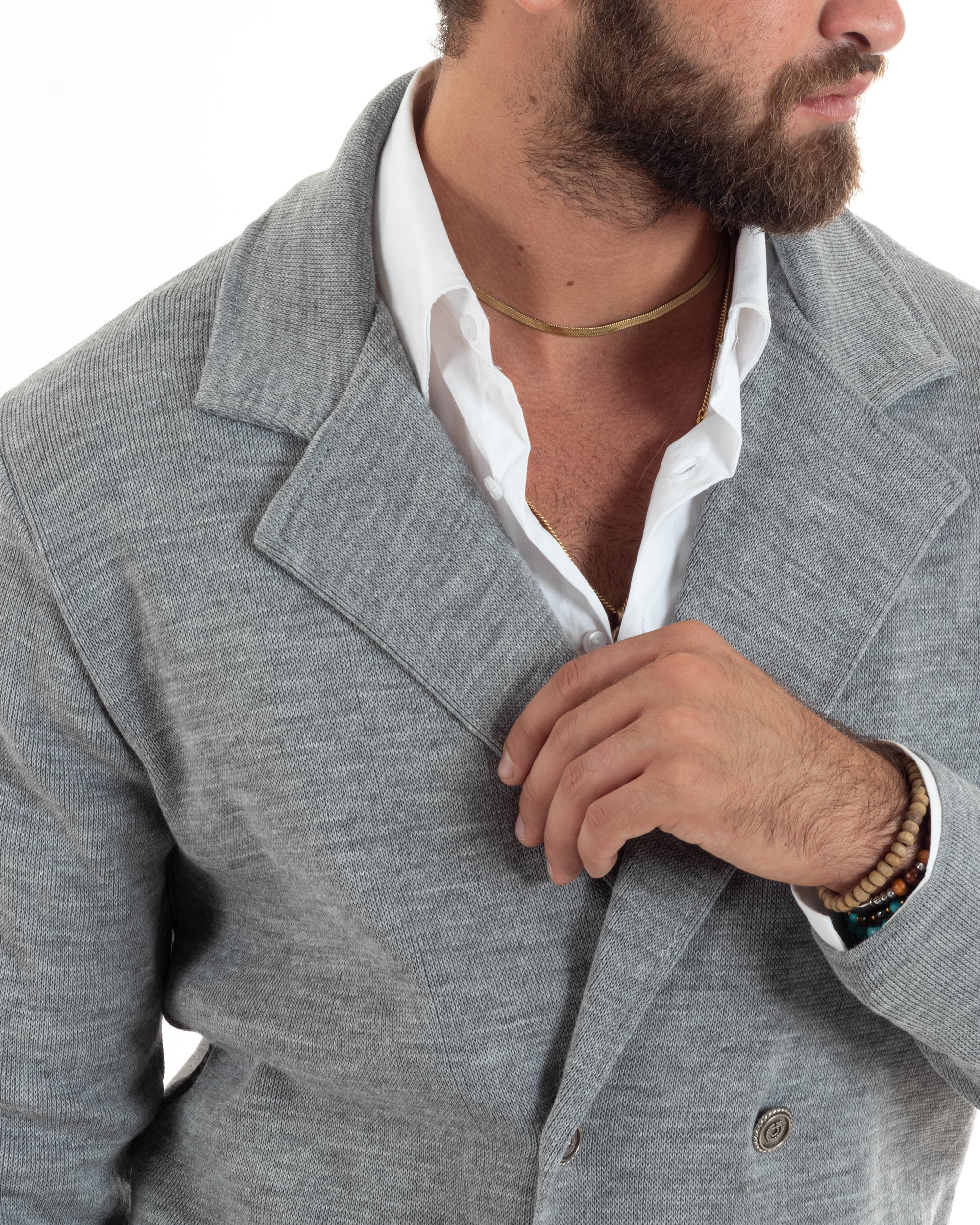 Men's double-breasted cardigan jacket with metal buttons and links, grey GIOSAL-M2895A
