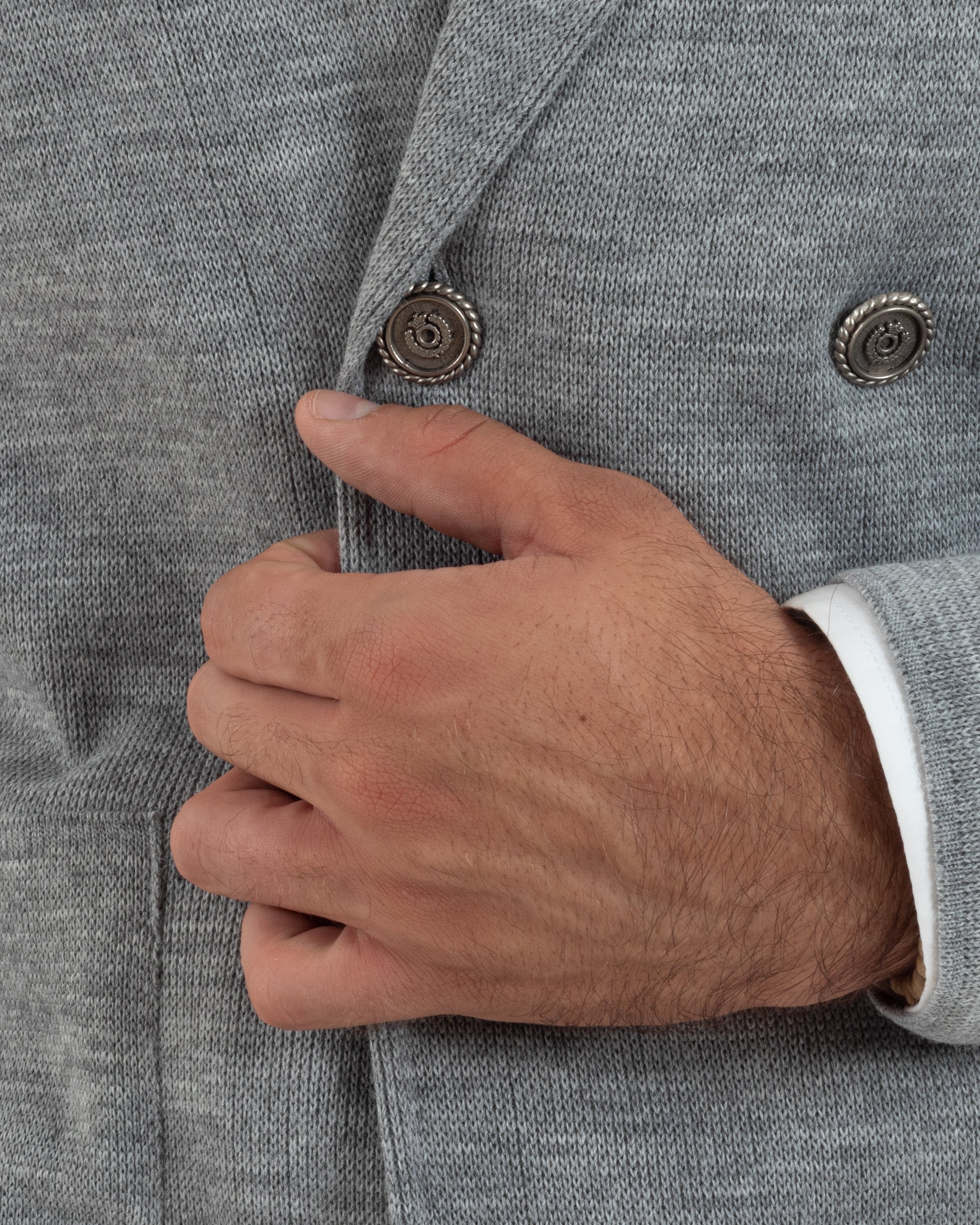 Men's double-breasted cardigan jacket with metal buttons and links, grey GIOSAL-M2895A