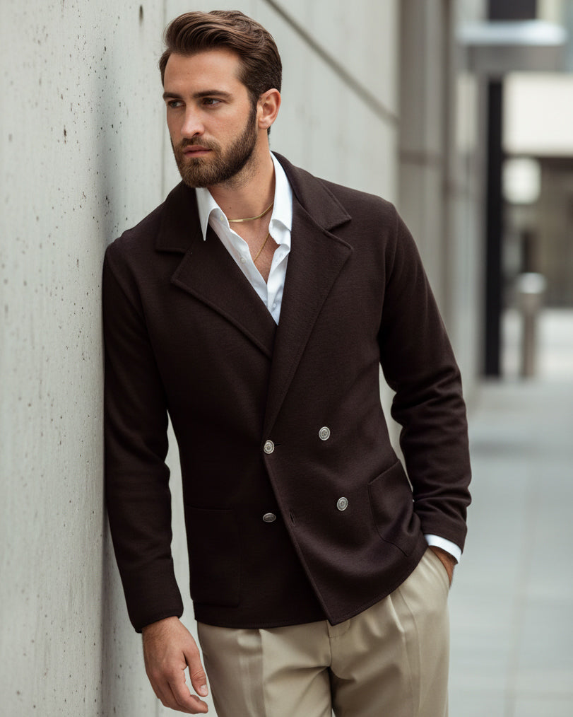 Cardigan uomo doppiopetto giacca bottoni metallo maglia links marrone GIOSAL-M2896A