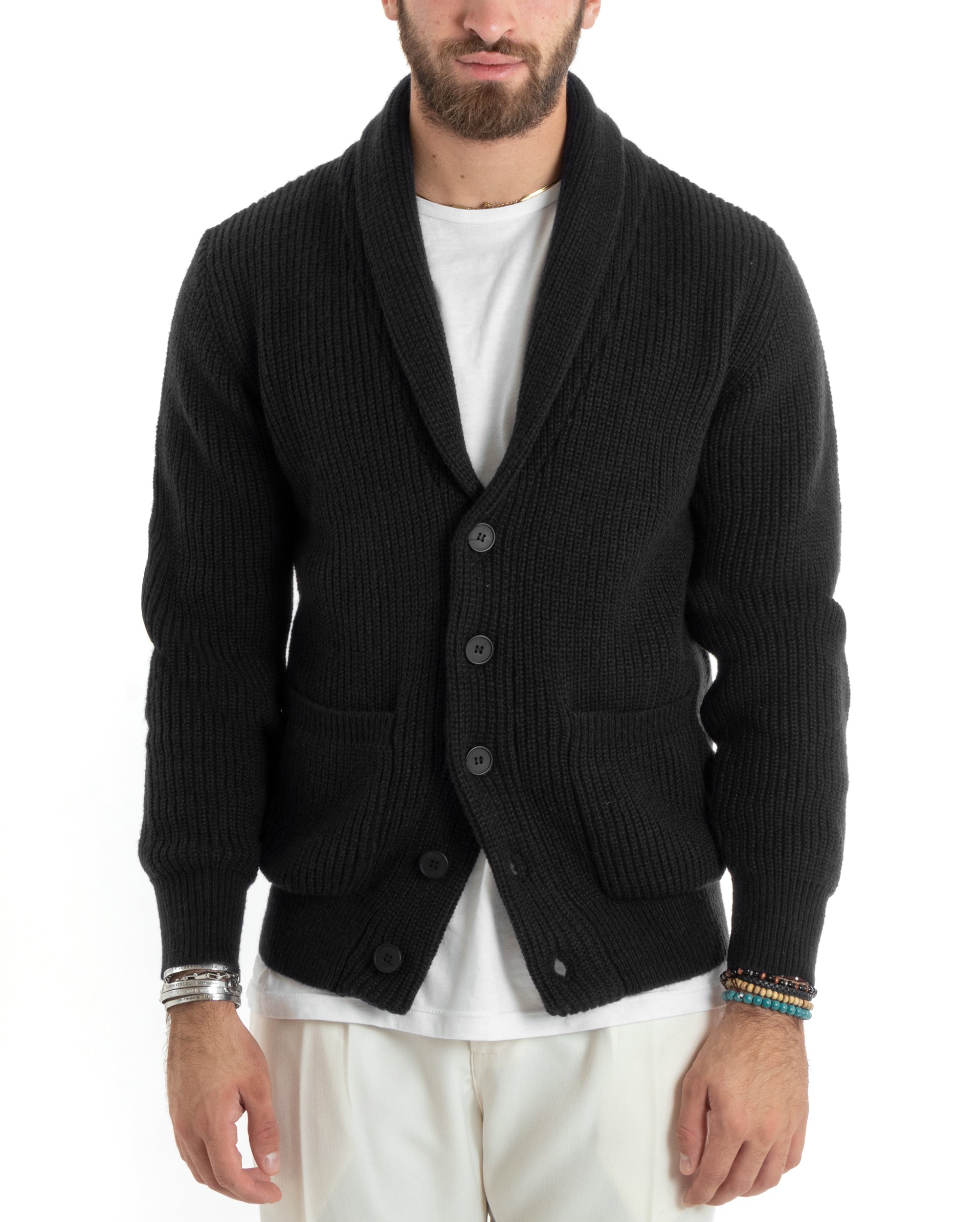 Cardigan Uomo Giacca Con Bottoni Maglia Con Tasche A Toppa Maglioncino Collo A Scialle Casual Nero GIOSAL-M2918A