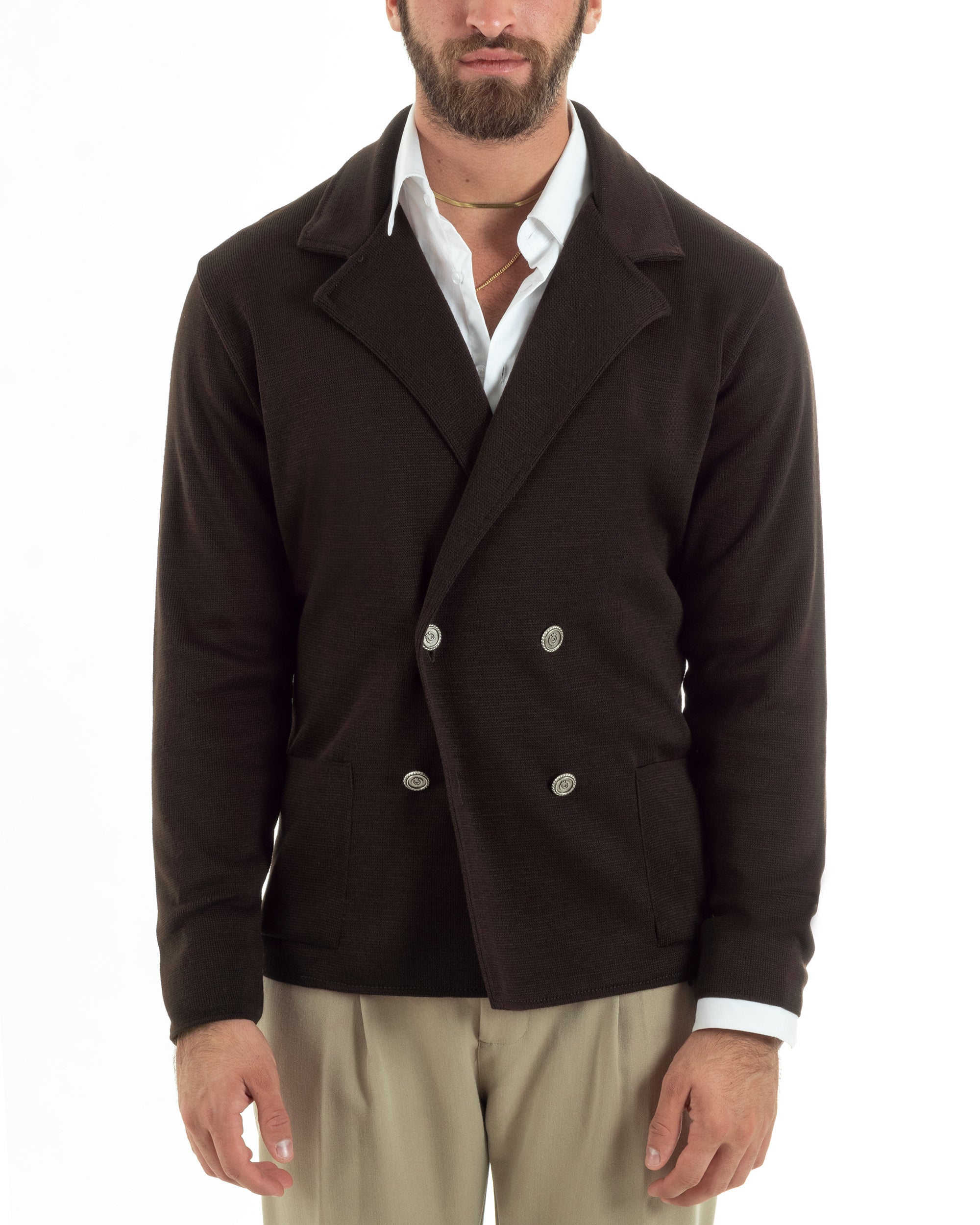 Cardigan uomo doppiopetto giacca bottoni metallo maglia links marrone GIOSAL-M2896A