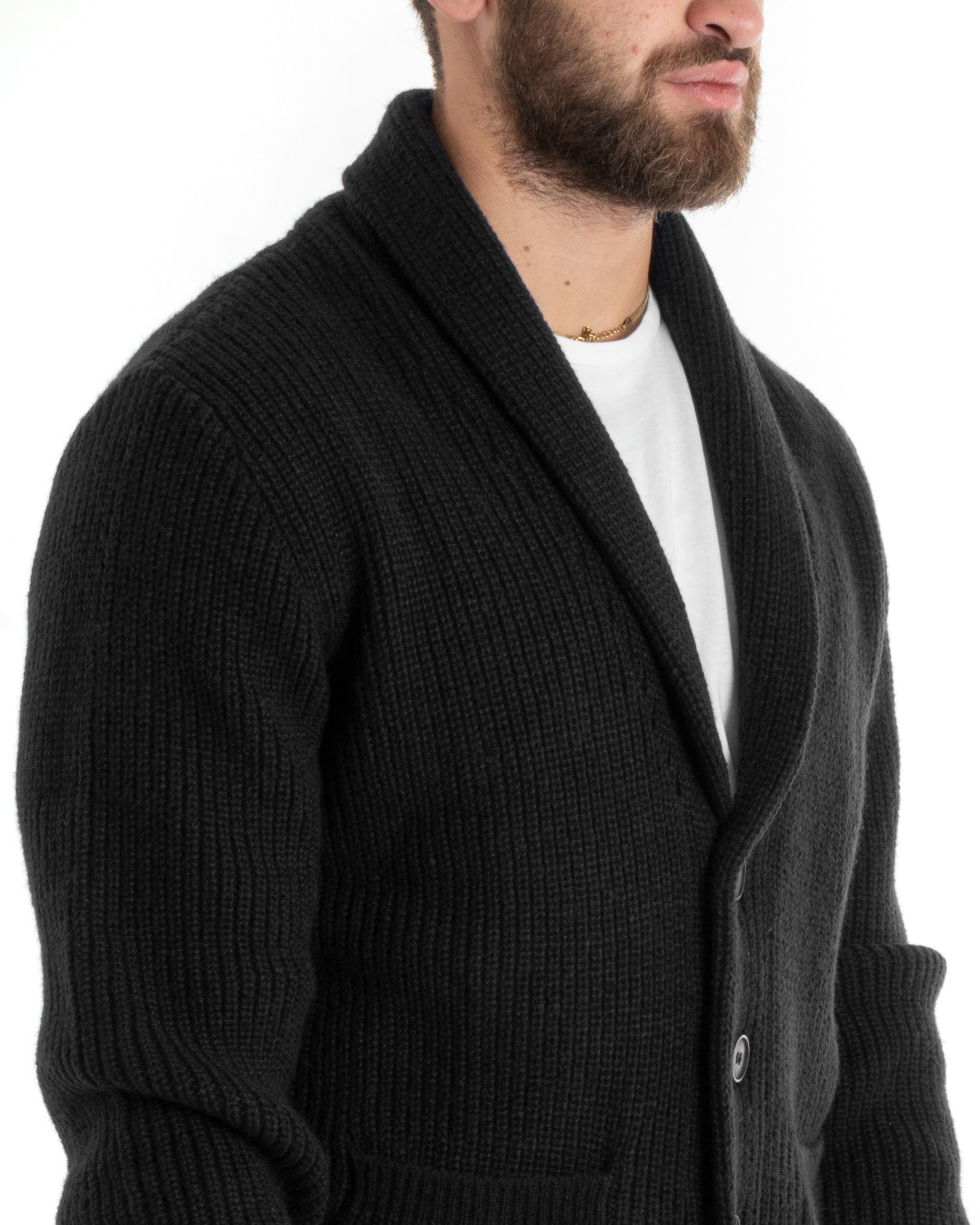 Cardigan Uomo Giacca Con Bottoni Maglia Con Tasche A Toppa Maglioncino Collo A Scialle Casual Nero GIOSAL-M2918A