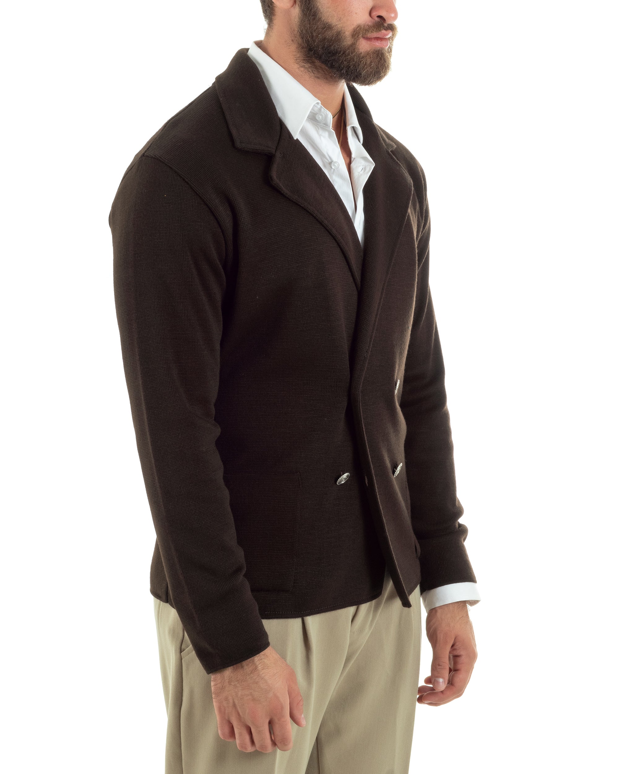 Cardigan Uomo Doppiopetto Giacca Con Bottoni Metallo Maglia Links Marrone M2896A
