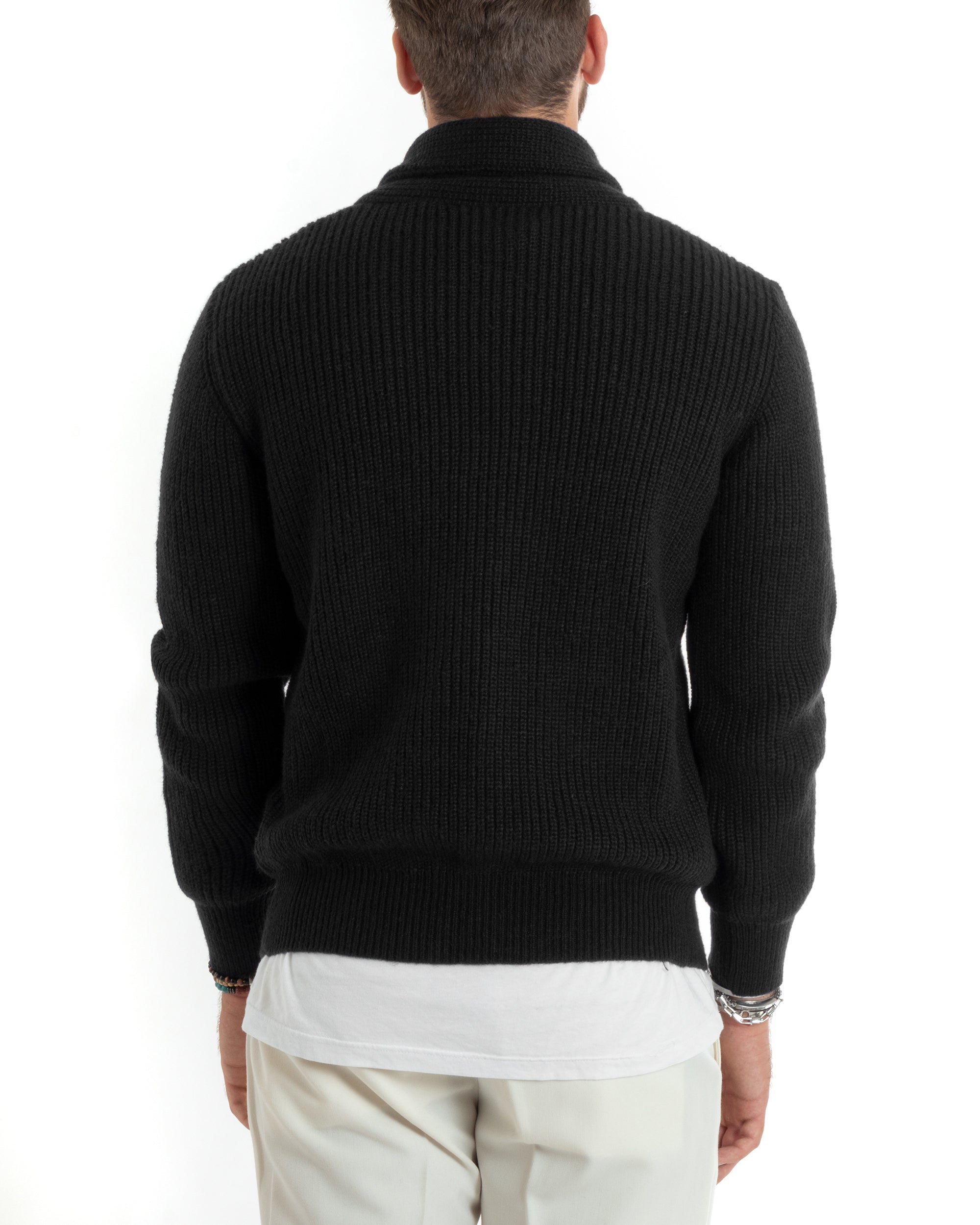 Cardigan Uomo Giacca Con Bottoni Maglia Con Tasche A Toppa Maglioncino Collo A Scialle Casual Nero GIOSAL-M2918A