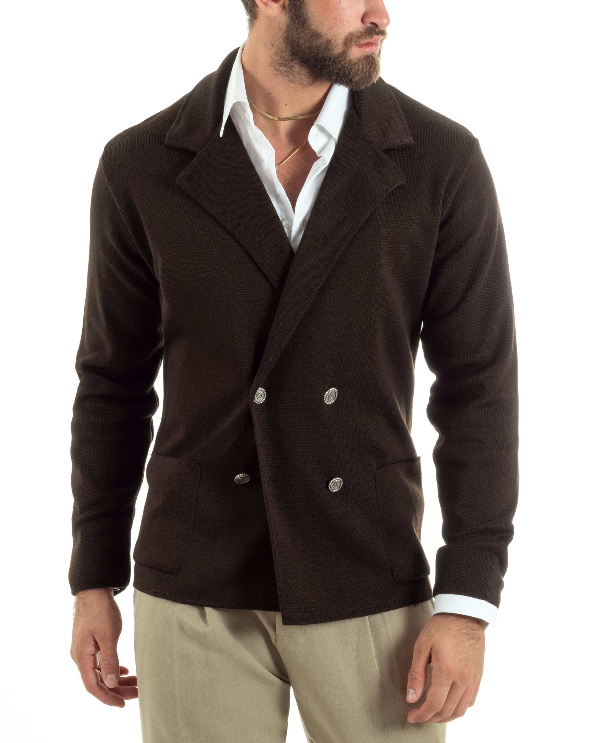 Cardigan Uomo Doppiopetto Giacca Con Bottoni Metallo Maglia Links Marrone M2896A