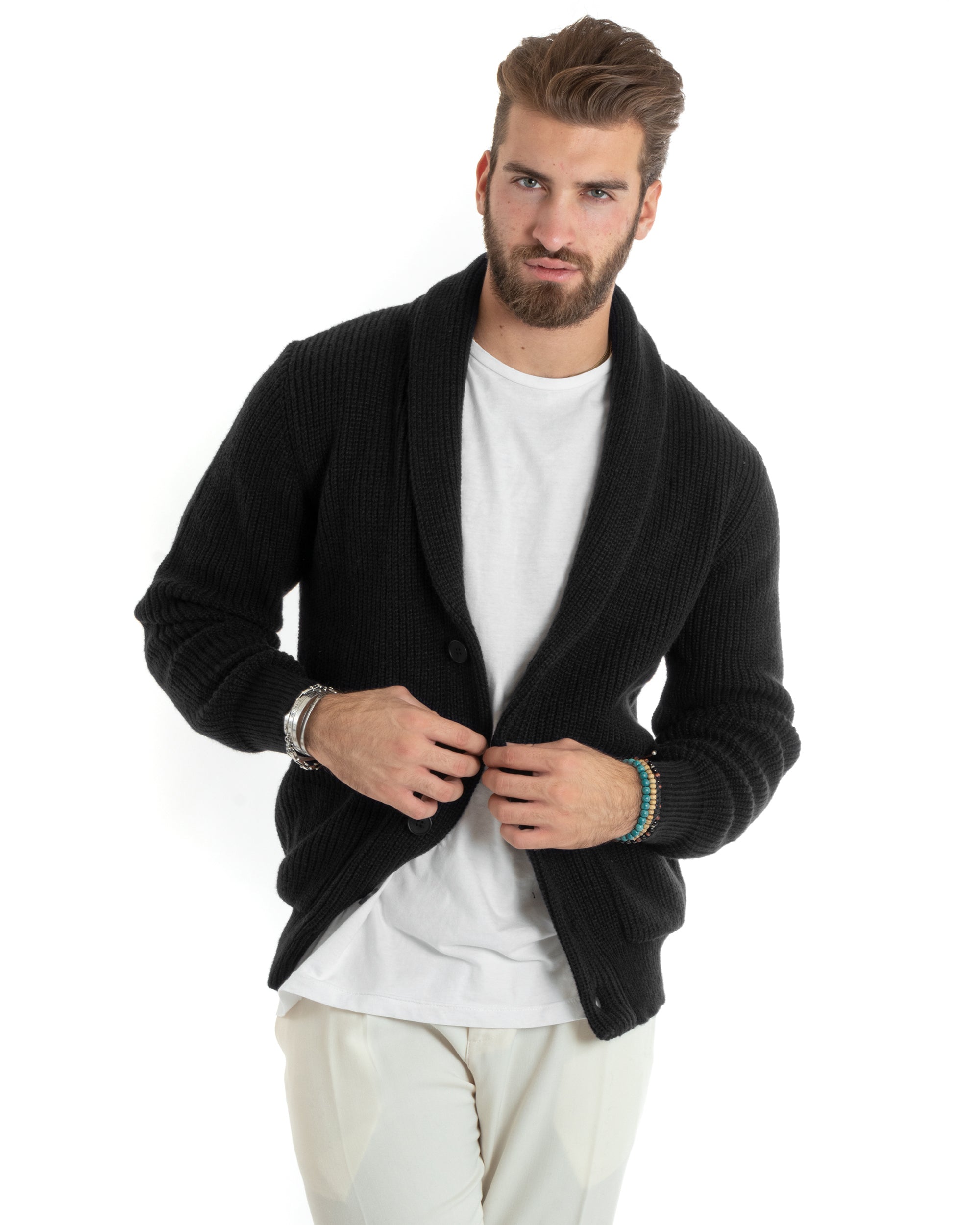 Cardigan Uomo Giacca Con Bottoni Maglia Con Tasche A Toppa Maglioncino Collo A Scialle Casual Nero GIOSAL-M2918A