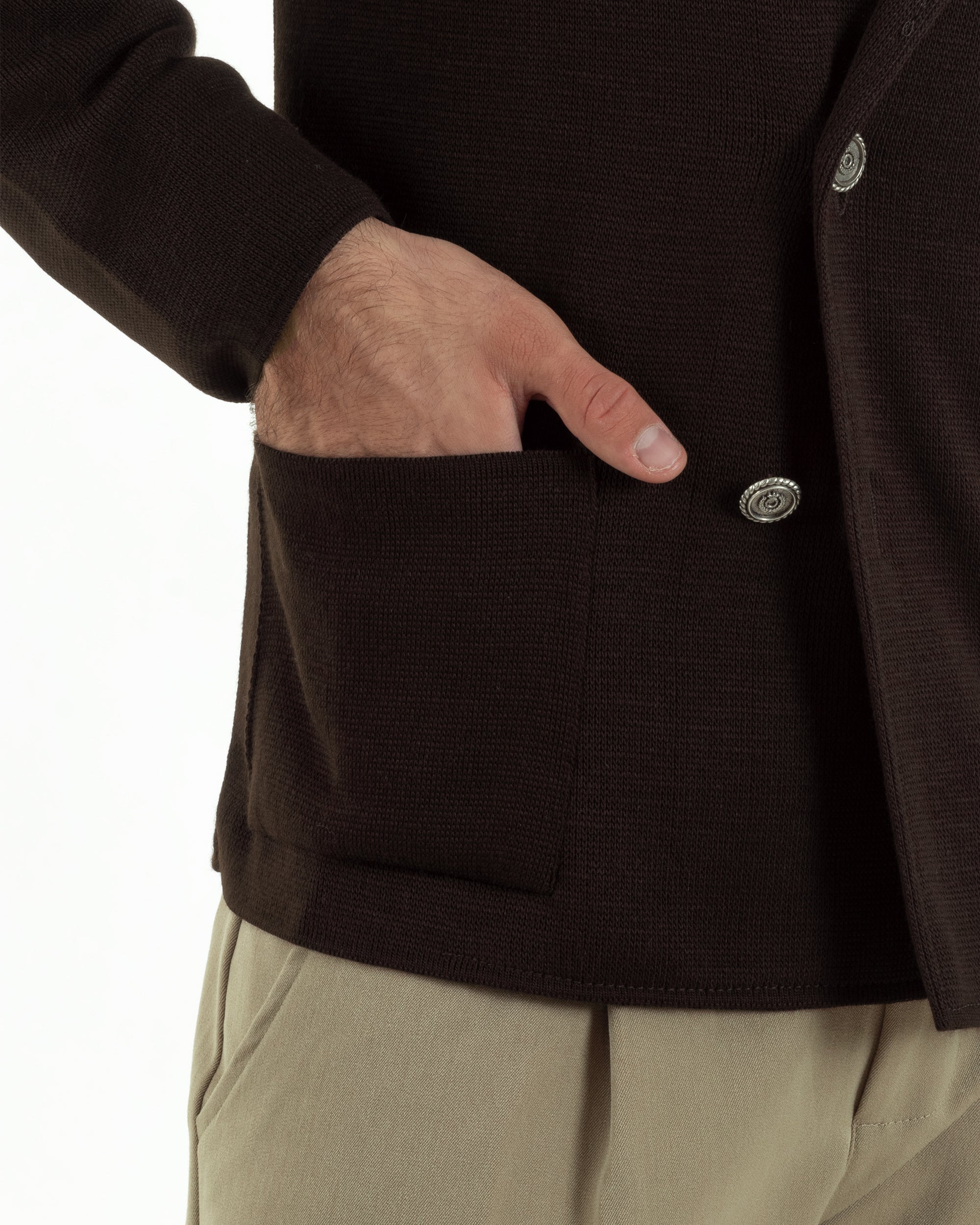 Cardigan Uomo Doppiopetto Giacca Con Bottoni Metallo Maglia Links Marrone M2896A