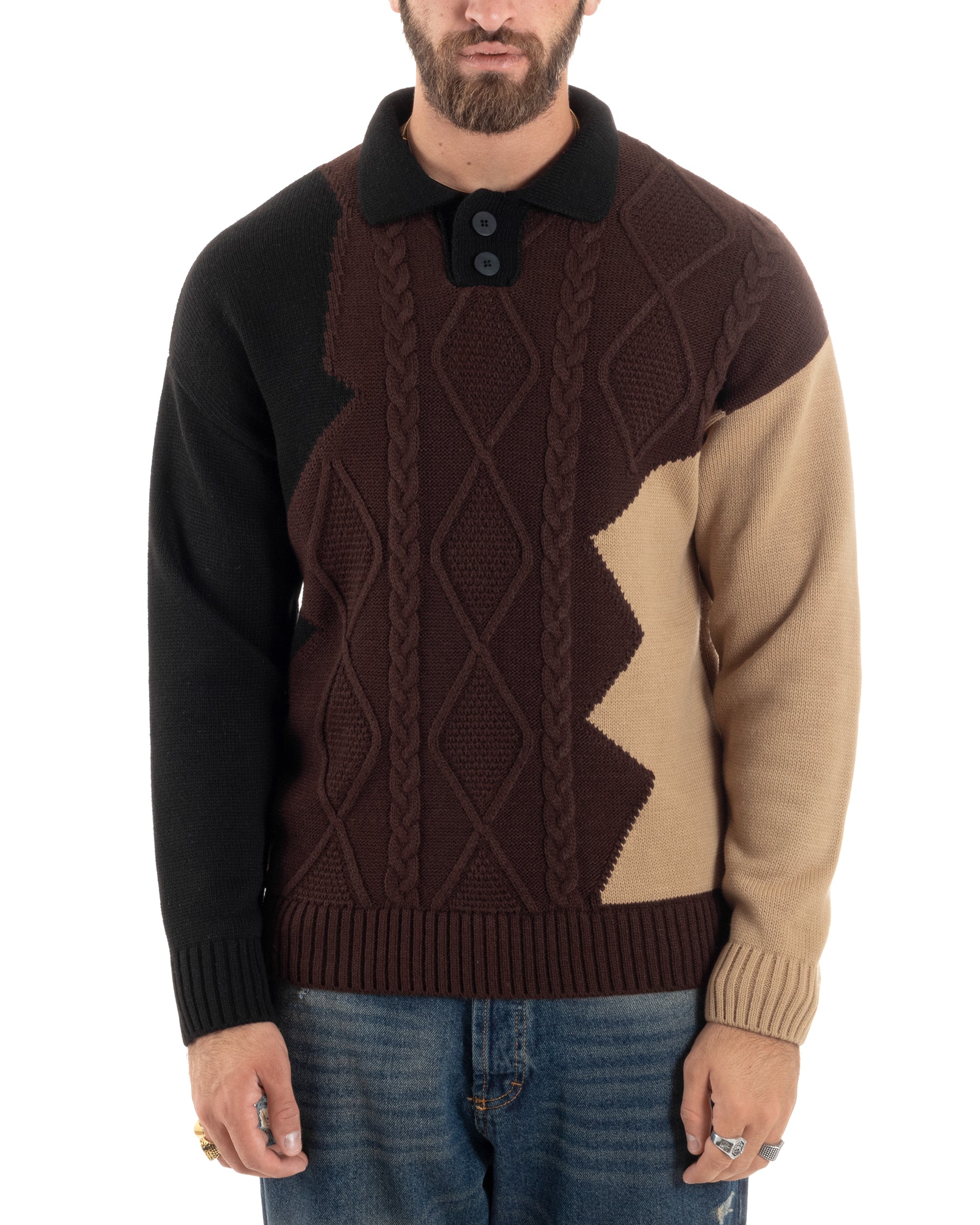 Maglione Uomo Lana Patch Trecce Polo Calda Maniche Lunghe Comoda Pullover Lavorato Color Block Casual Marrone GIOSAL-M2897A