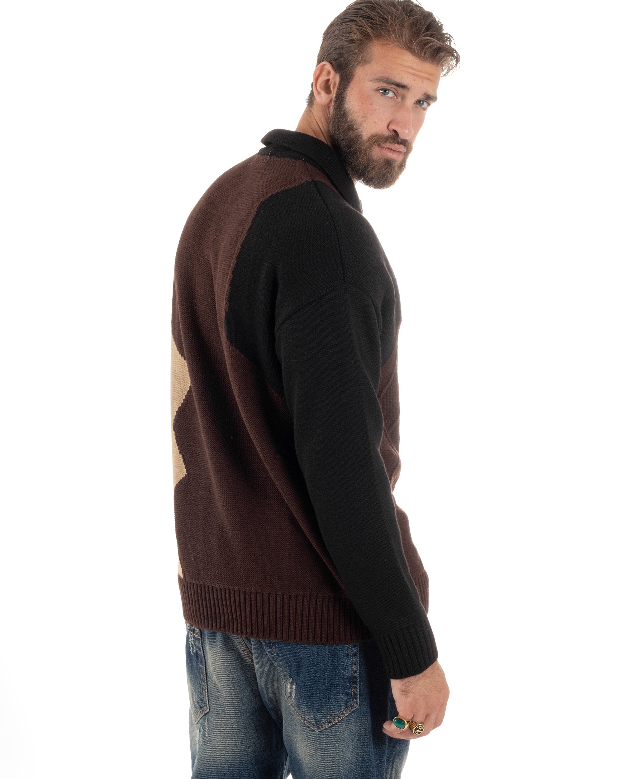 Maglione Uomo Lana Patch Trecce Polo Calda Maniche Lunghe Comoda Pullover Lavorato Color Block Casual Marrone GIOSAL-M2897A